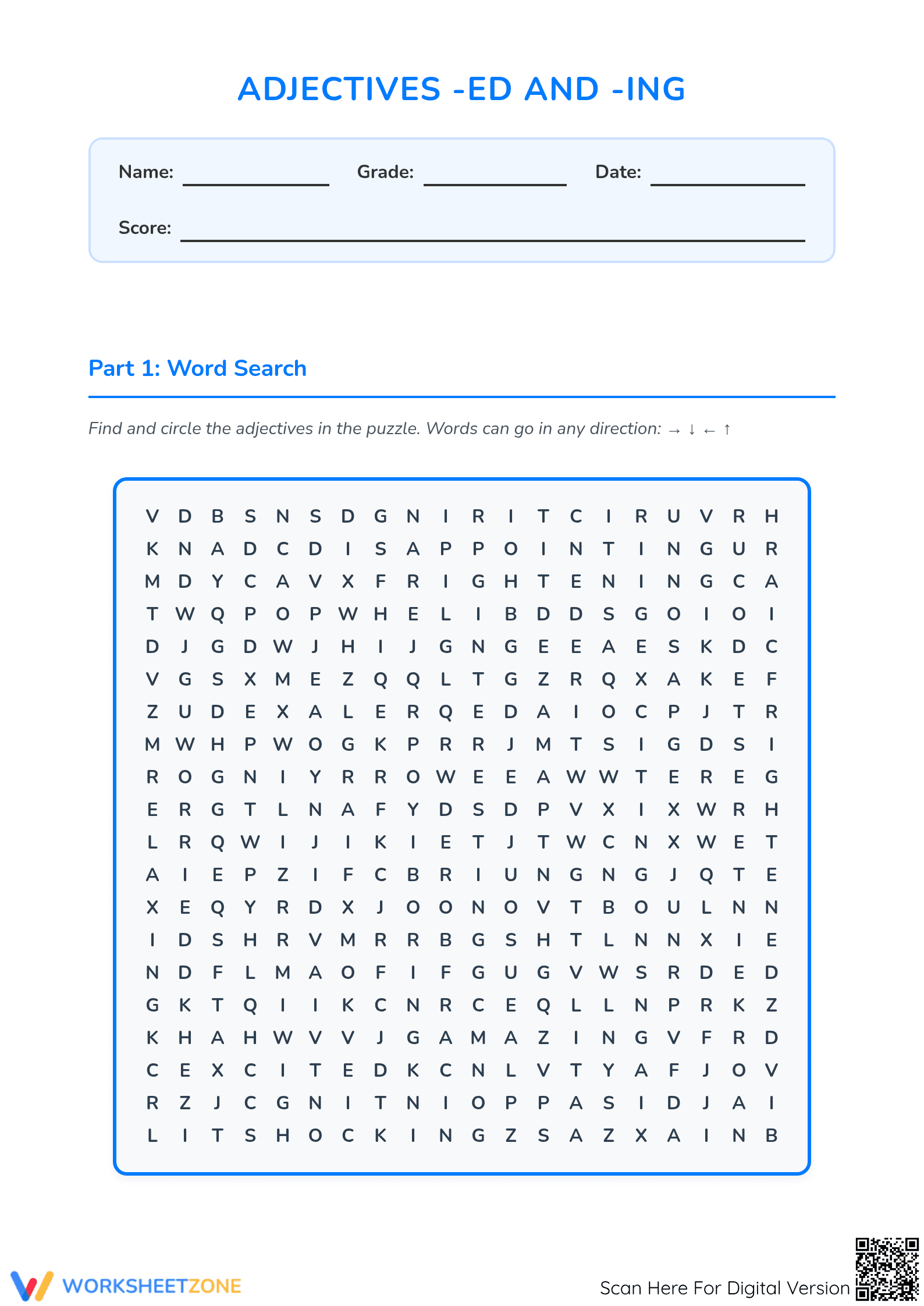 Grade 3 Adjectives -ed and -ing Printable Worksheet - Page 1