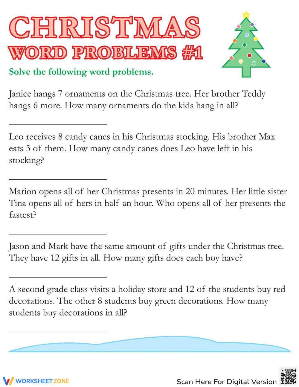 Solve Christmas Word Problems Worksheet - Page 1