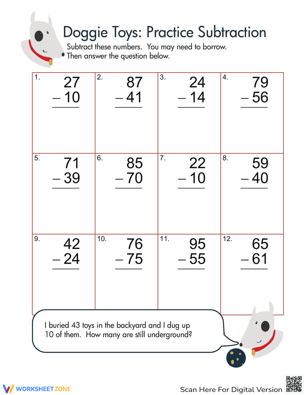 Subtraction Practice with Dog Toys - Page 1