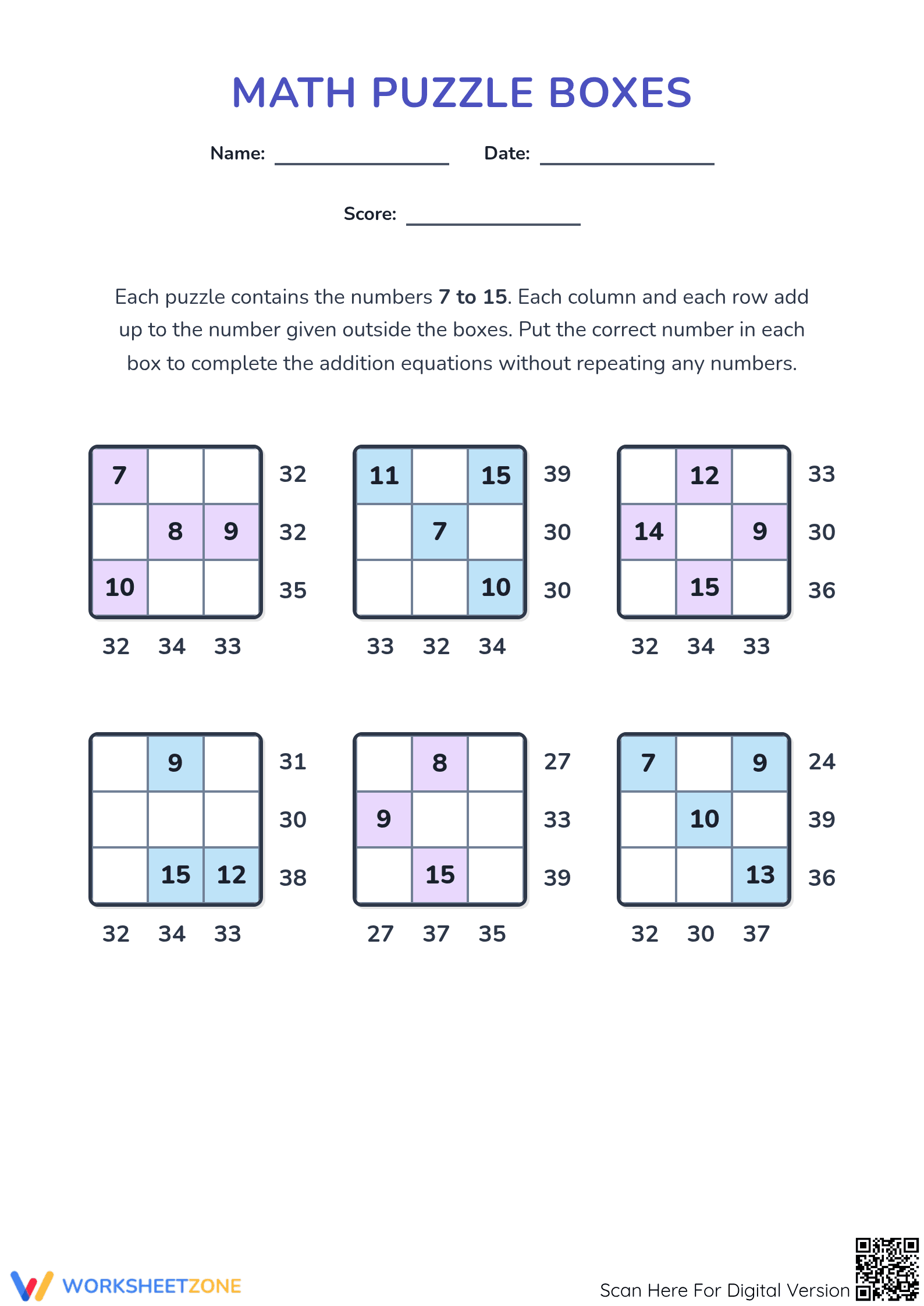Grade 3-4 Math Puzzle Boxes — Printable No-Prep Worksheet - Page 1