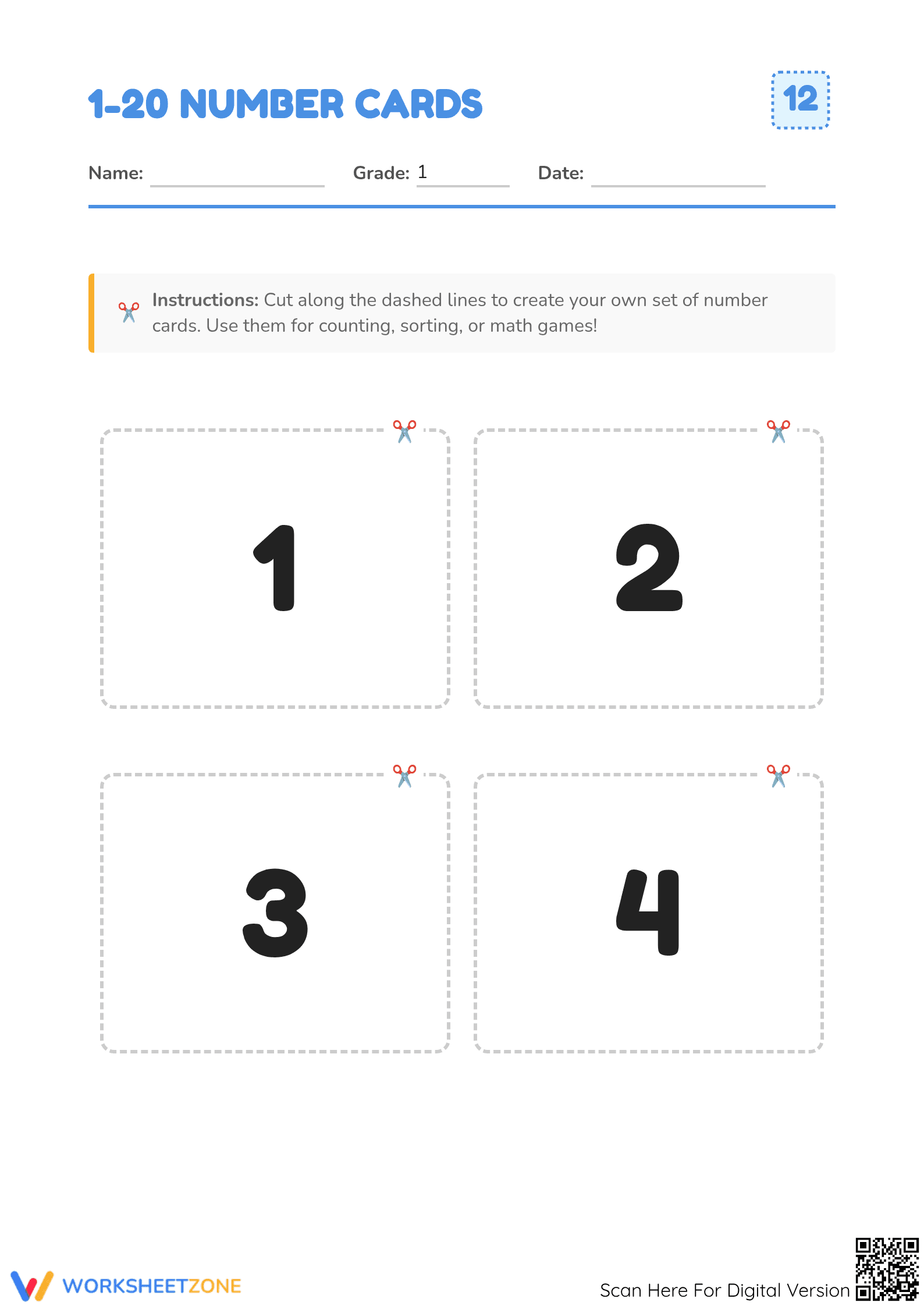 1–20 Number Cards | Grade 1 Printable Math Worksheet - Page 1