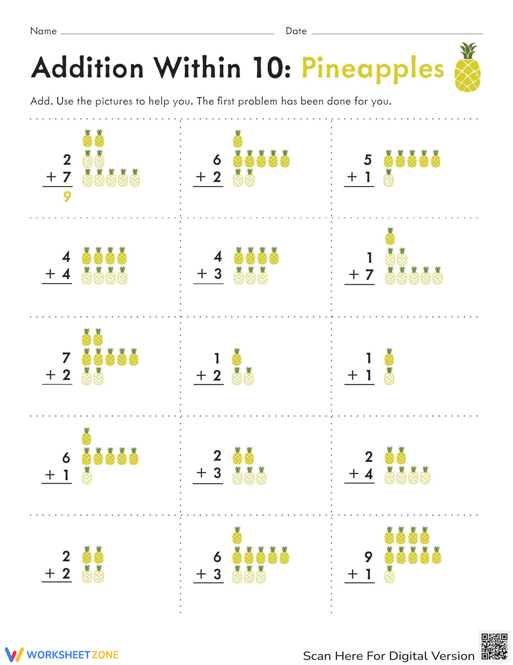 Pineapple Addition Practice Worksheet - Page 1