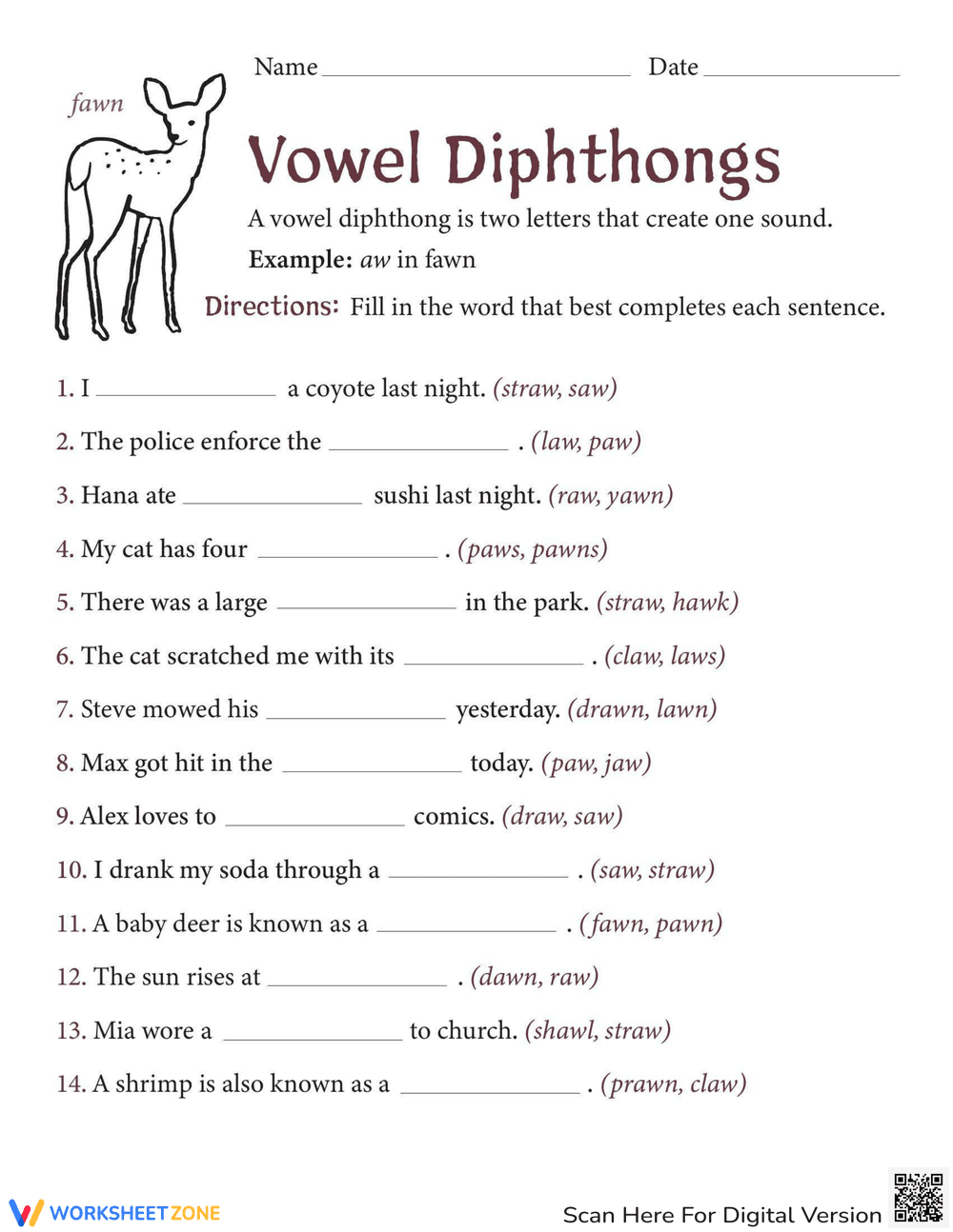 Vowel Digraphs Worksheet: 'aw' Sounds - Page 1