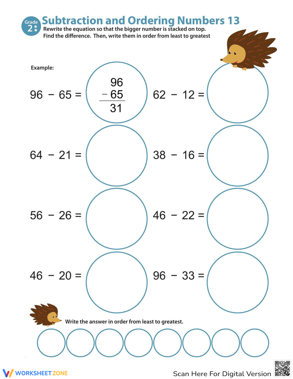 Subtraction Action: Ordering Numbers Worksheet - Page 1