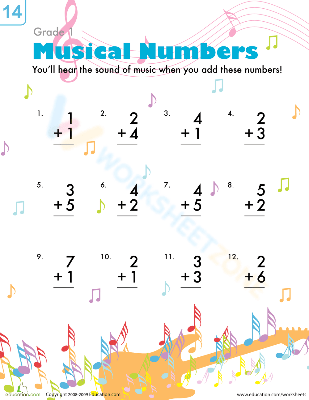 Solve Musical Addition Problems Worksheet - Page 1