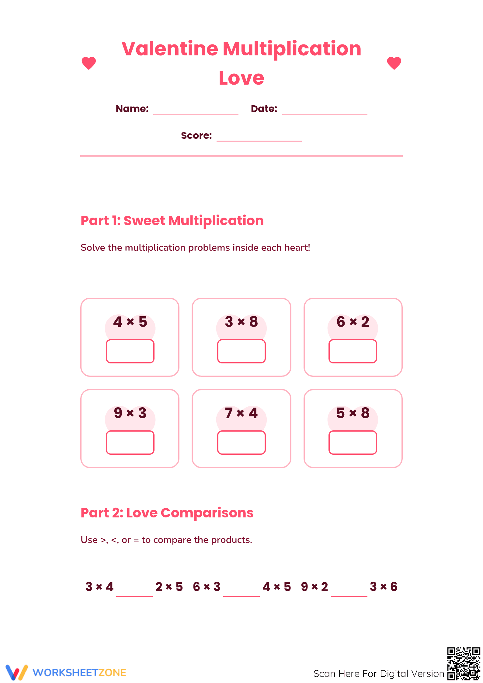 Valentine Multiplication Worksheet | Grade 3 Printable - Page 1