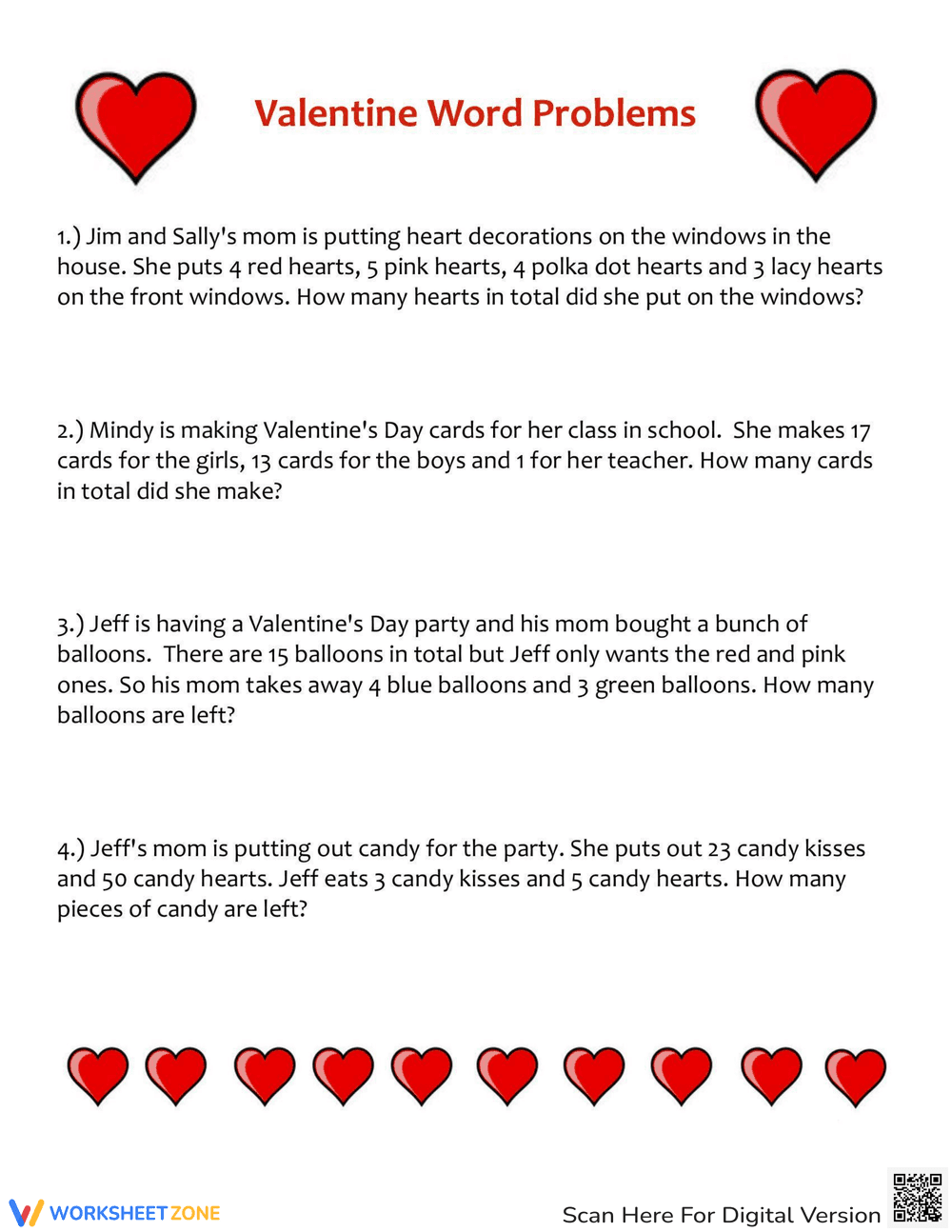 Valentine Word Problems: Math Challenges Worksheet - Page 1