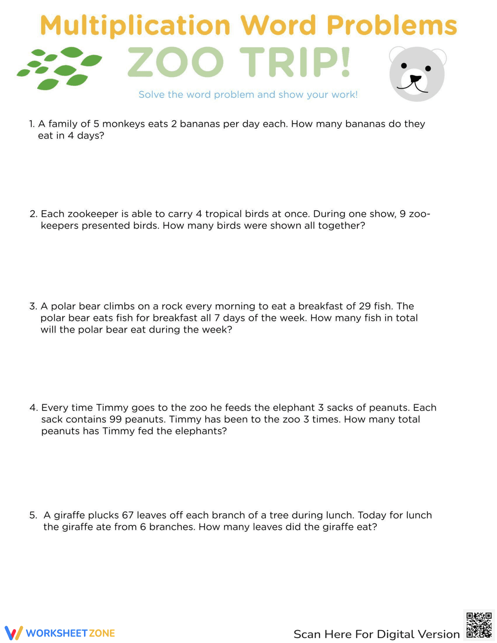 Solve Zoo Themed Multiplication Word Problems - Page 1