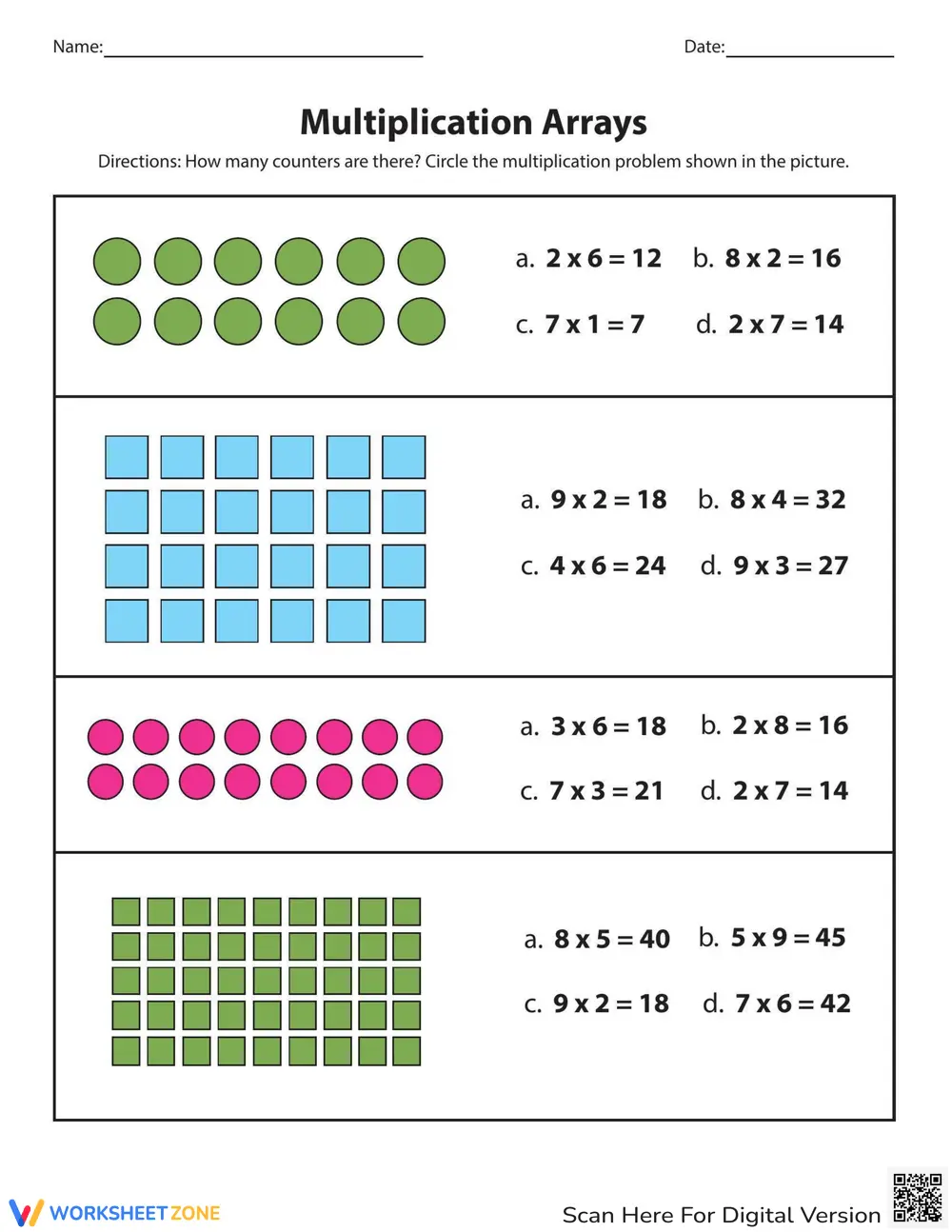 Multiple Choice Array Multiplication Practice - Page 1