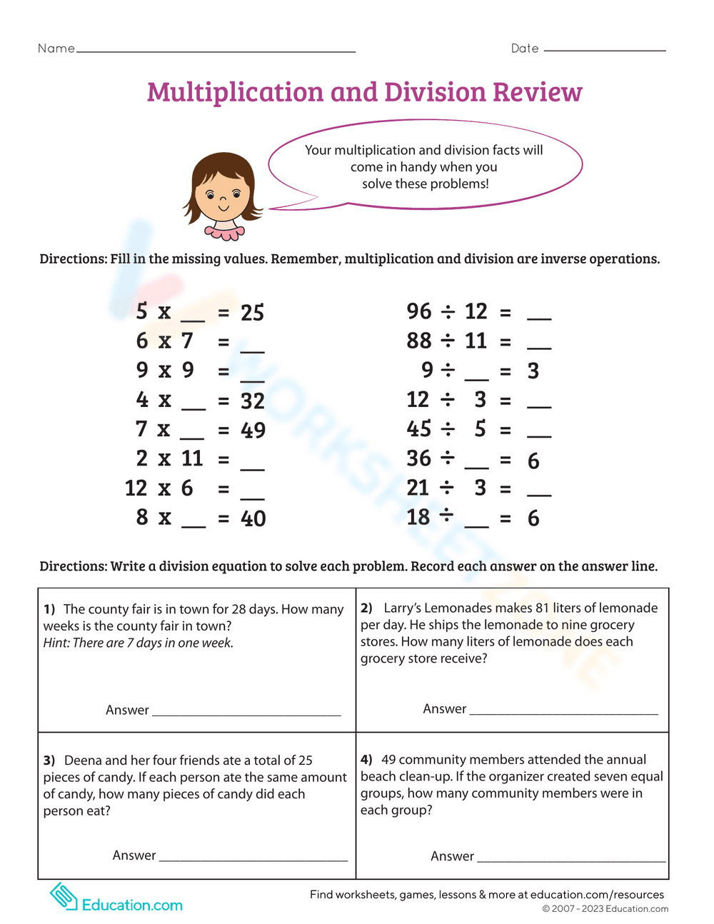Multiplication and Division Review - Page 1
