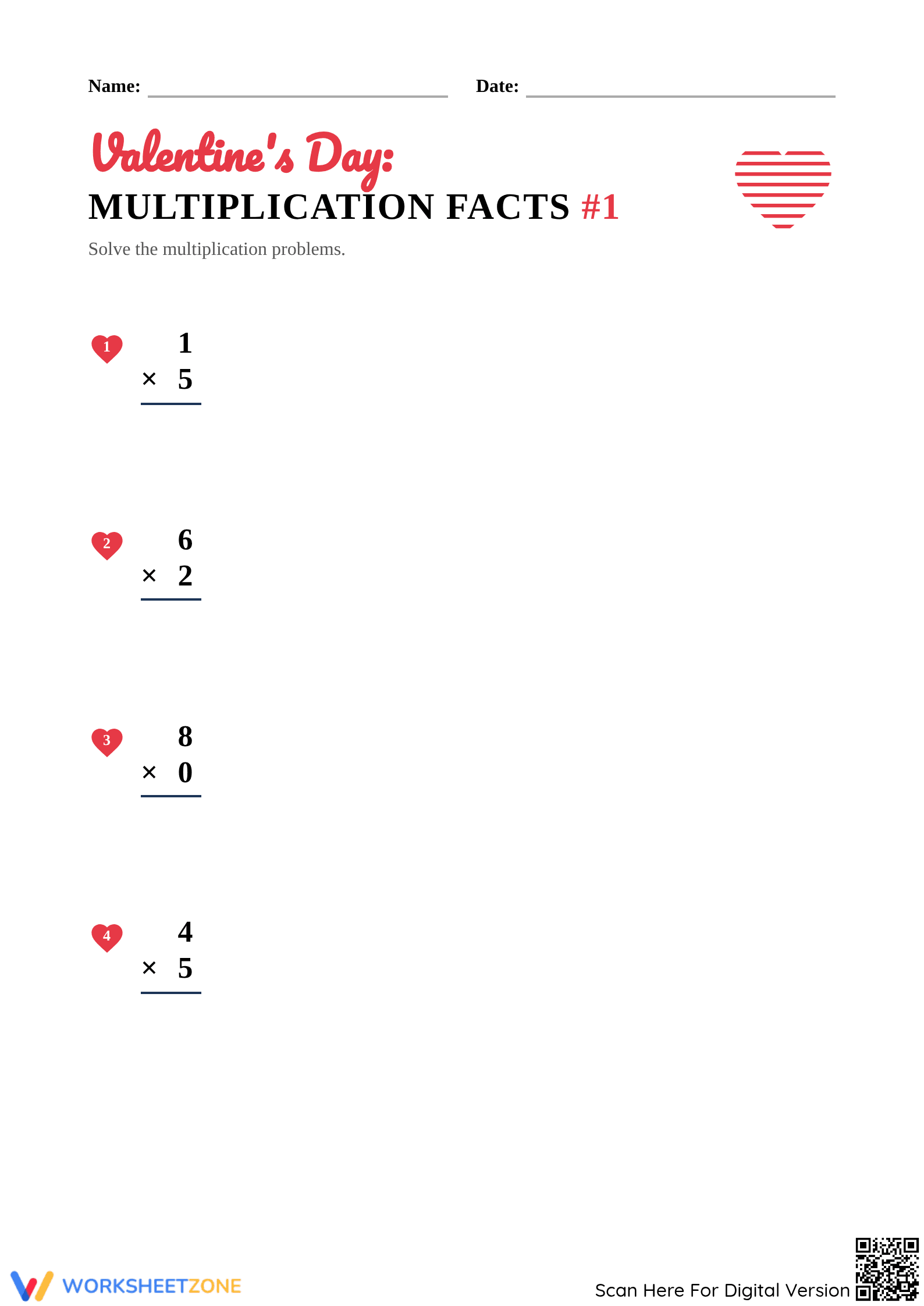 Valentine's Day Multiplication Facts: Printable Grade 3 Math - Page 1