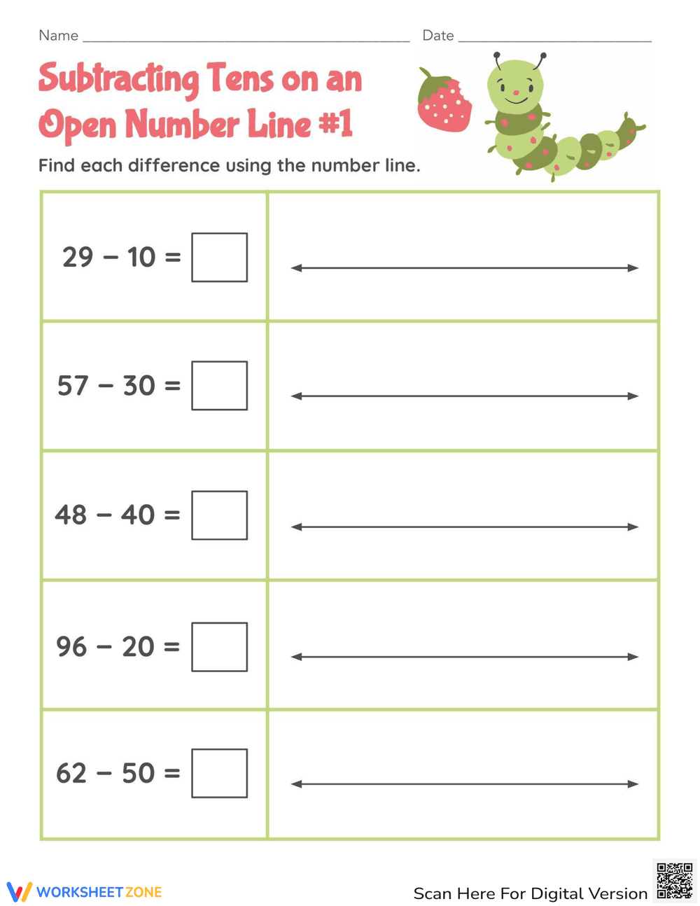Subtracting Tens on an Open Number Line - Page 1