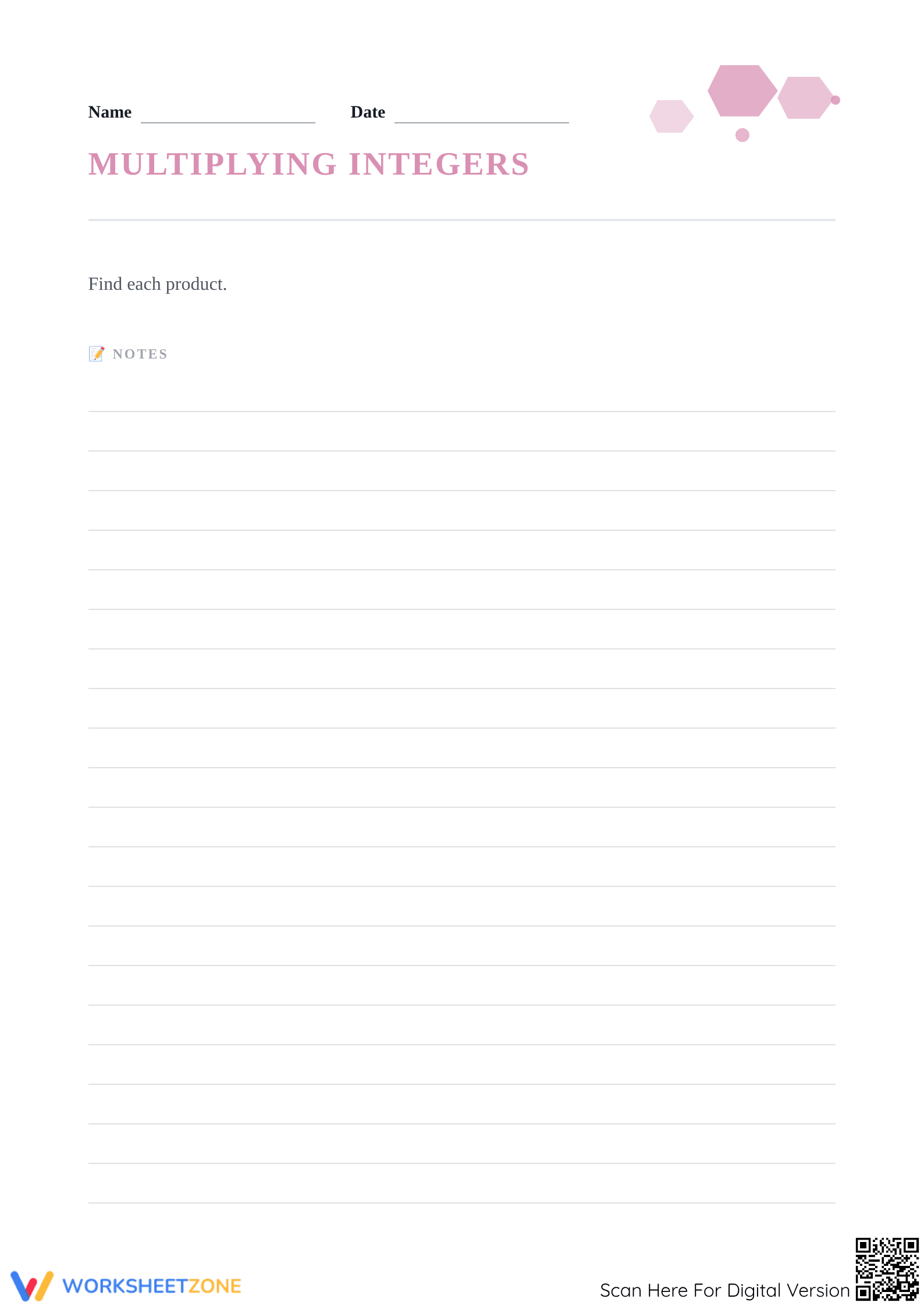 Grade 7 Multiplying Integers — Printable No-Prep Worksheet - Page 1