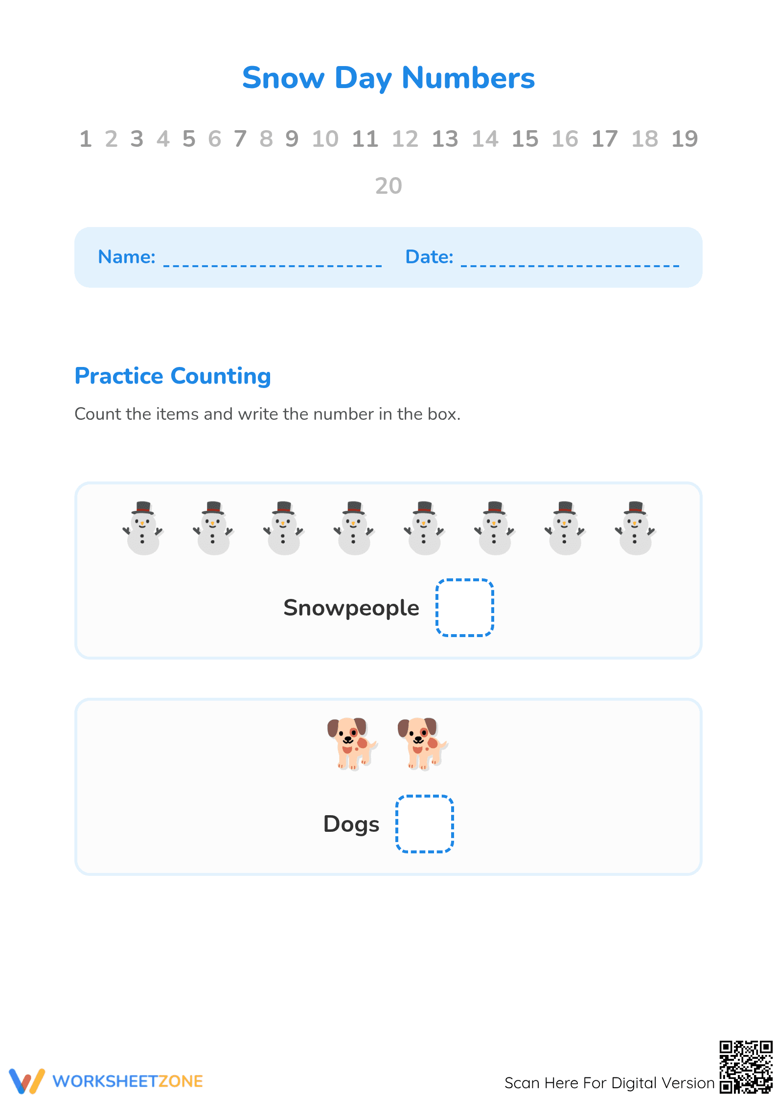 Snow Day Numbers: Essential Kindergarten Counting Worksheet - Page 1