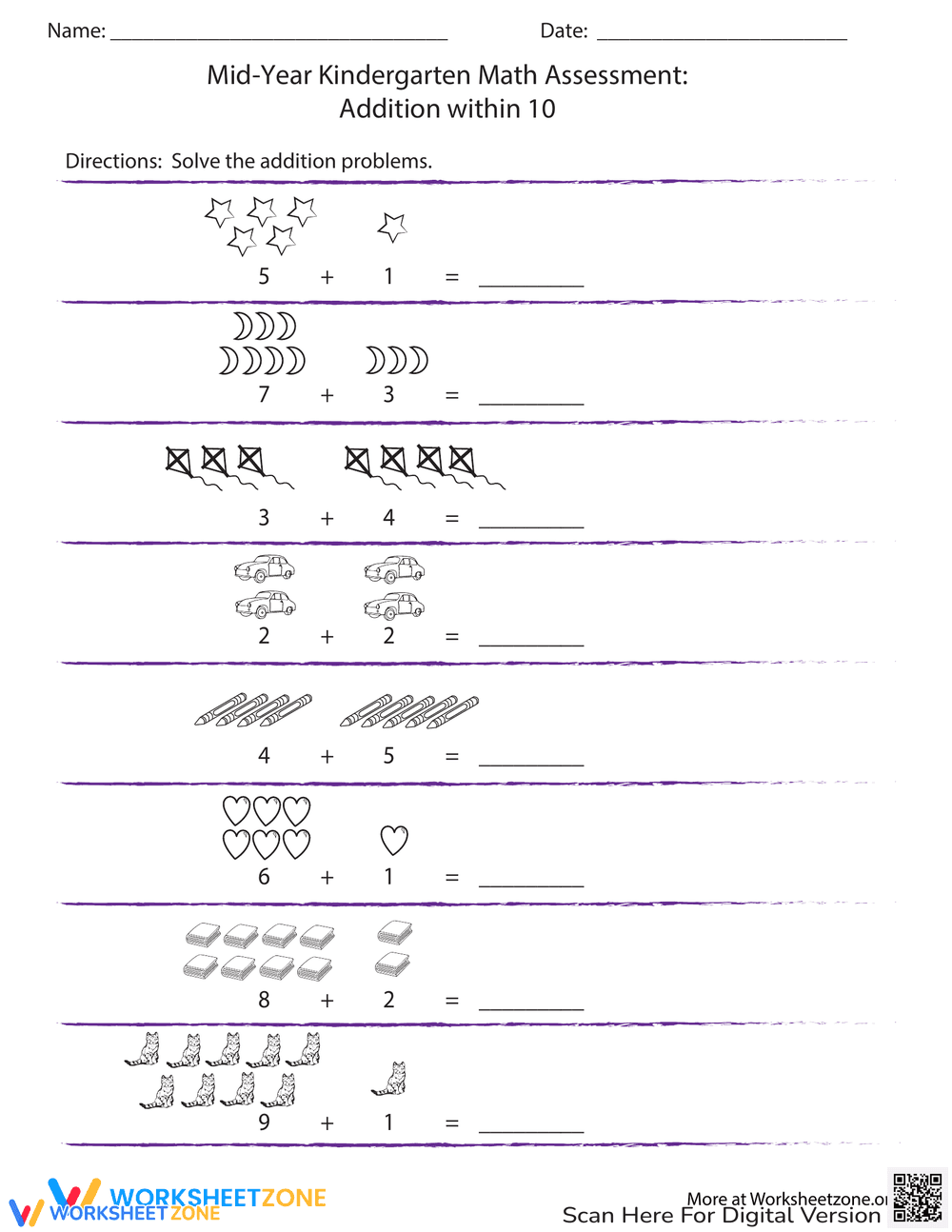 Kindergarten Math Assessment: Addition Within 10 - Page 1