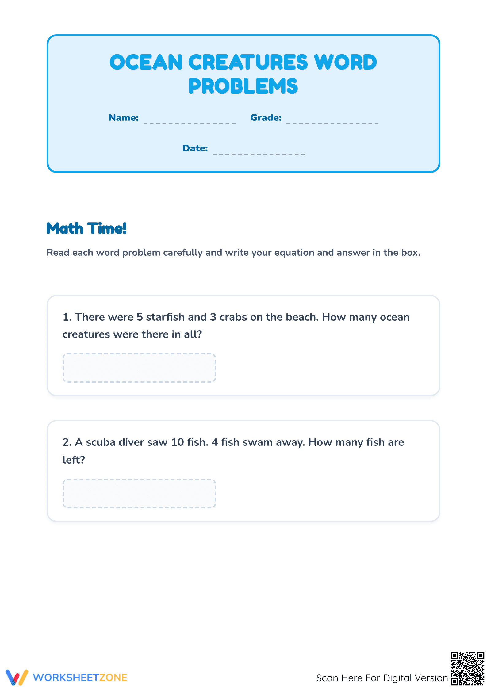Grade 3 Essential Sea Creature Math Word Problems - Page 1