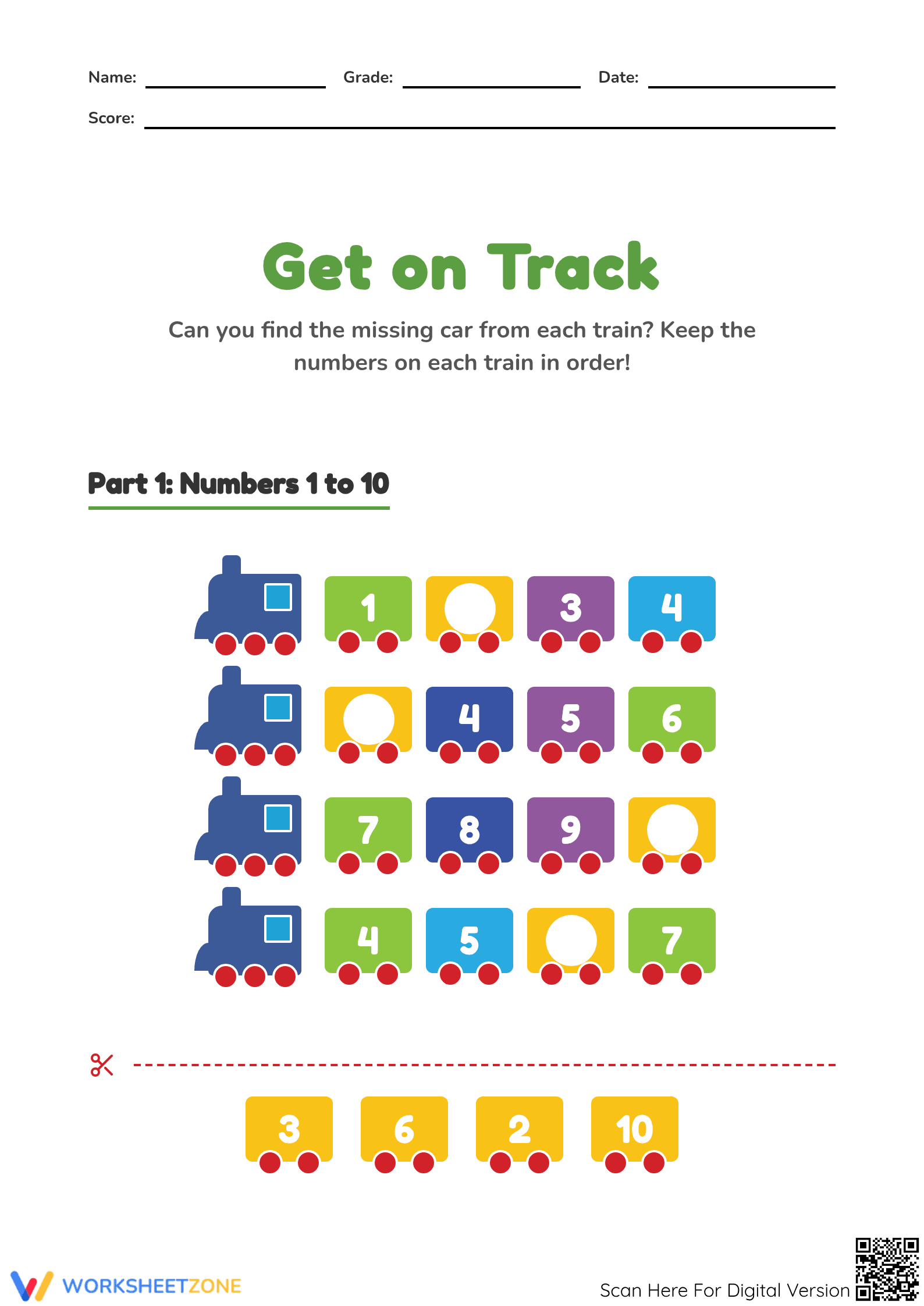 Printable Ordering Numbers 1-20 Train Worksheet | Grade K-1 - Page 1