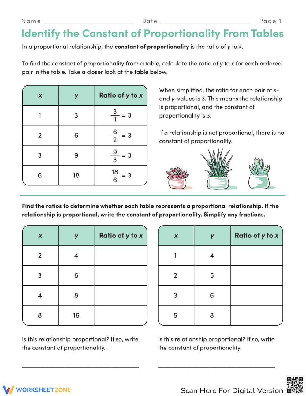 Identify the Constant of Proportionality Worksheet - Page 1