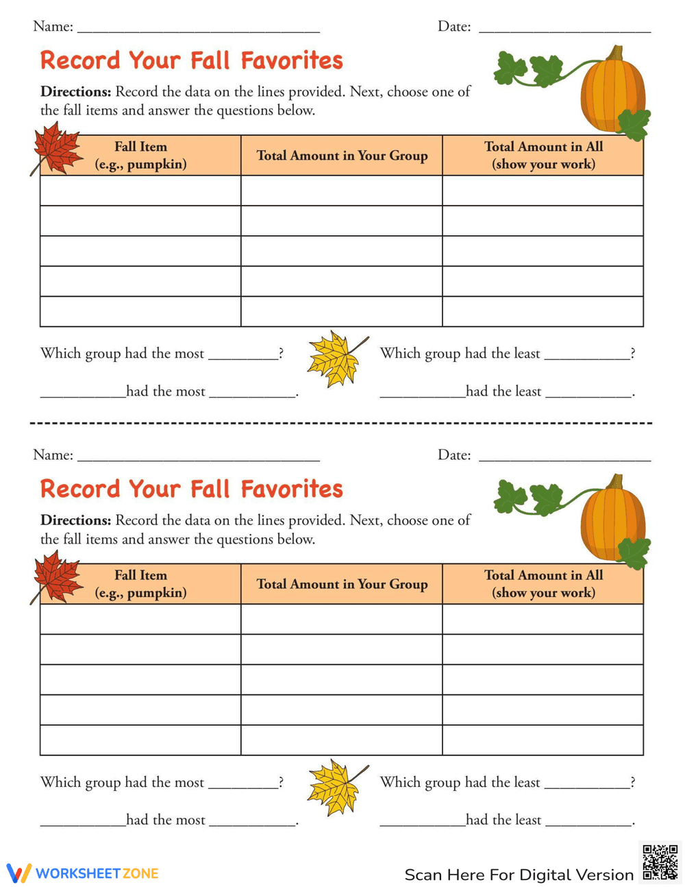 Record Your Fall Favorites Worksheet - Page 1
