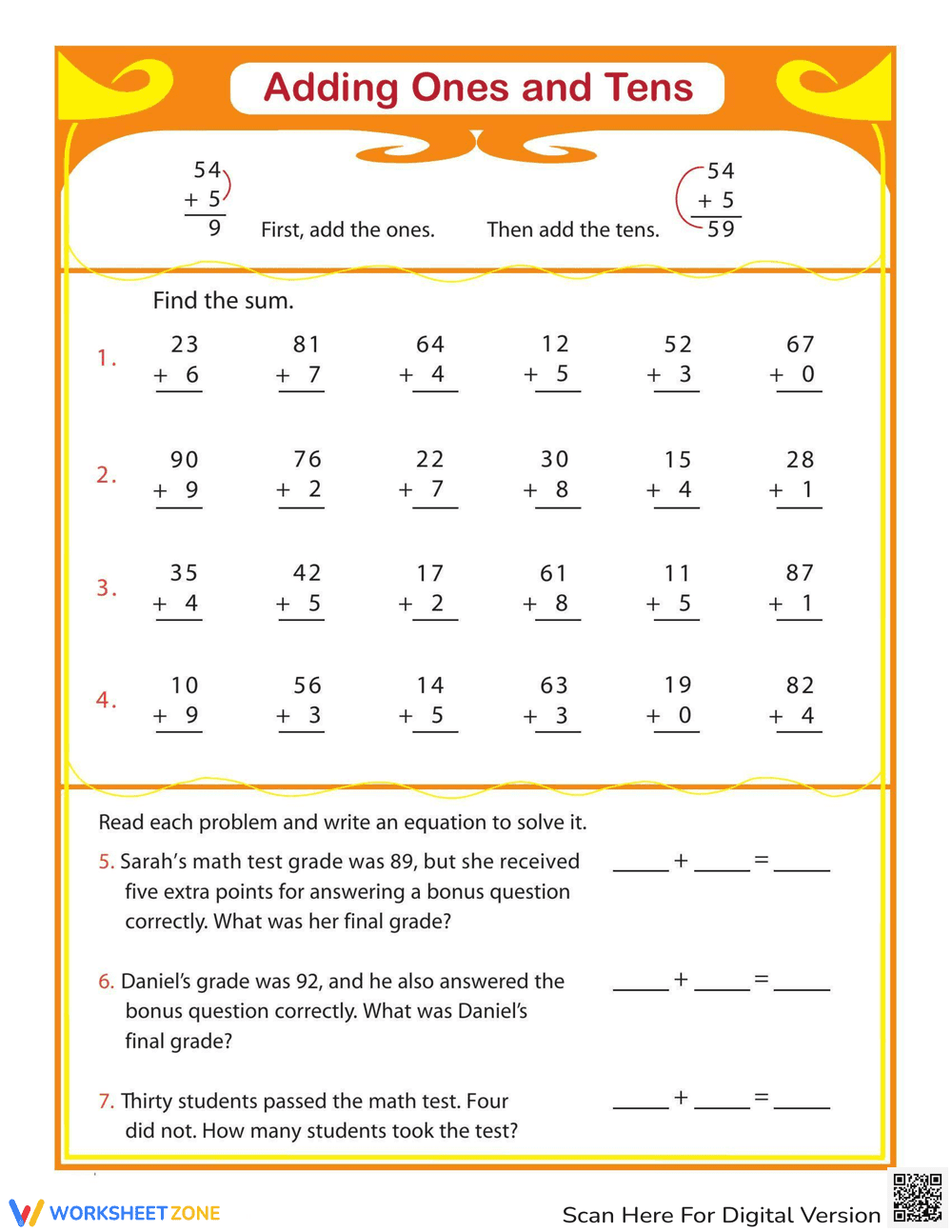Review Addition Ones Tens Worksheet - Page 1