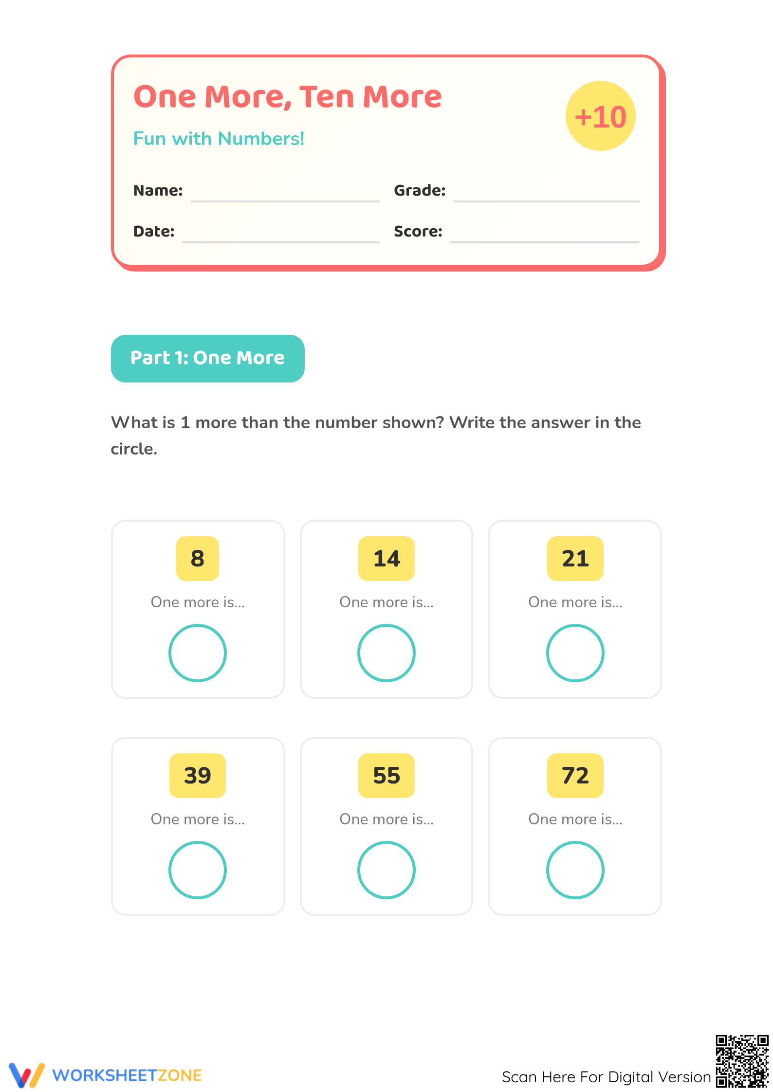 One More Ten More Printable Worksheet | Grade 1 Math - Page 1