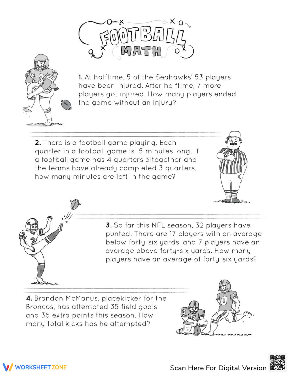 Football Themed Word Problems Worksheet - Page 1