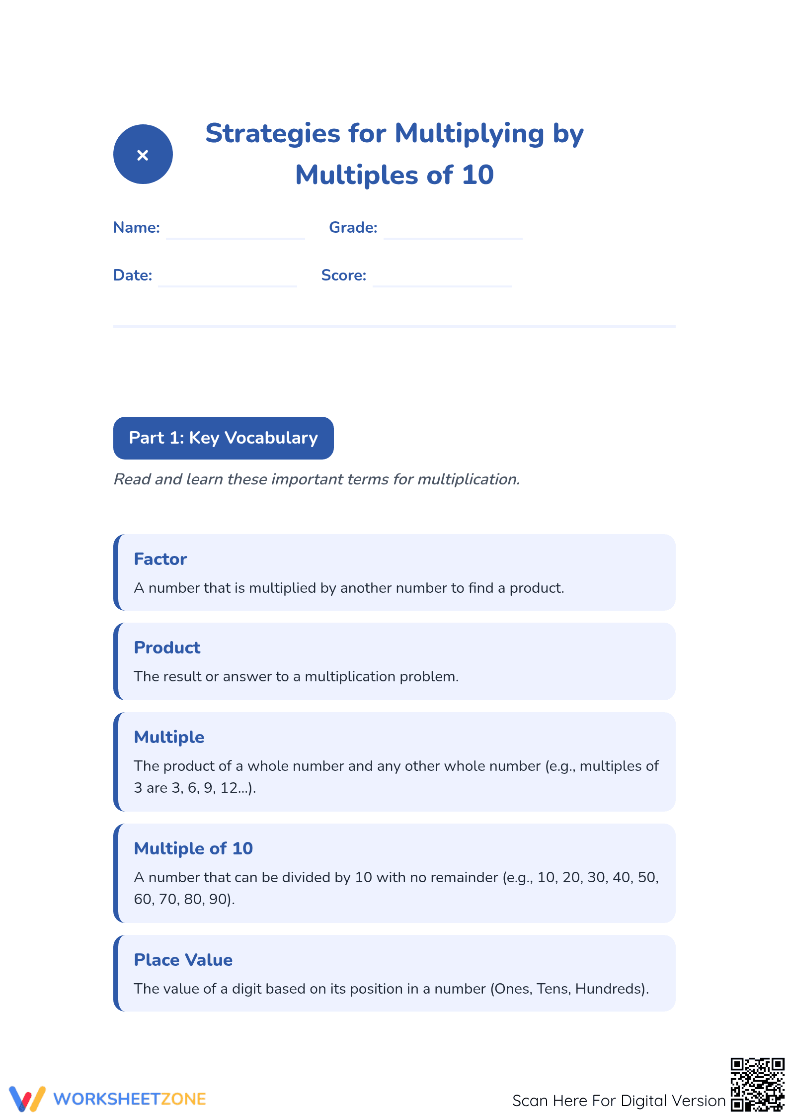 Multiply by Multiples of 10 | Printable Grade 3 Math - Page 1