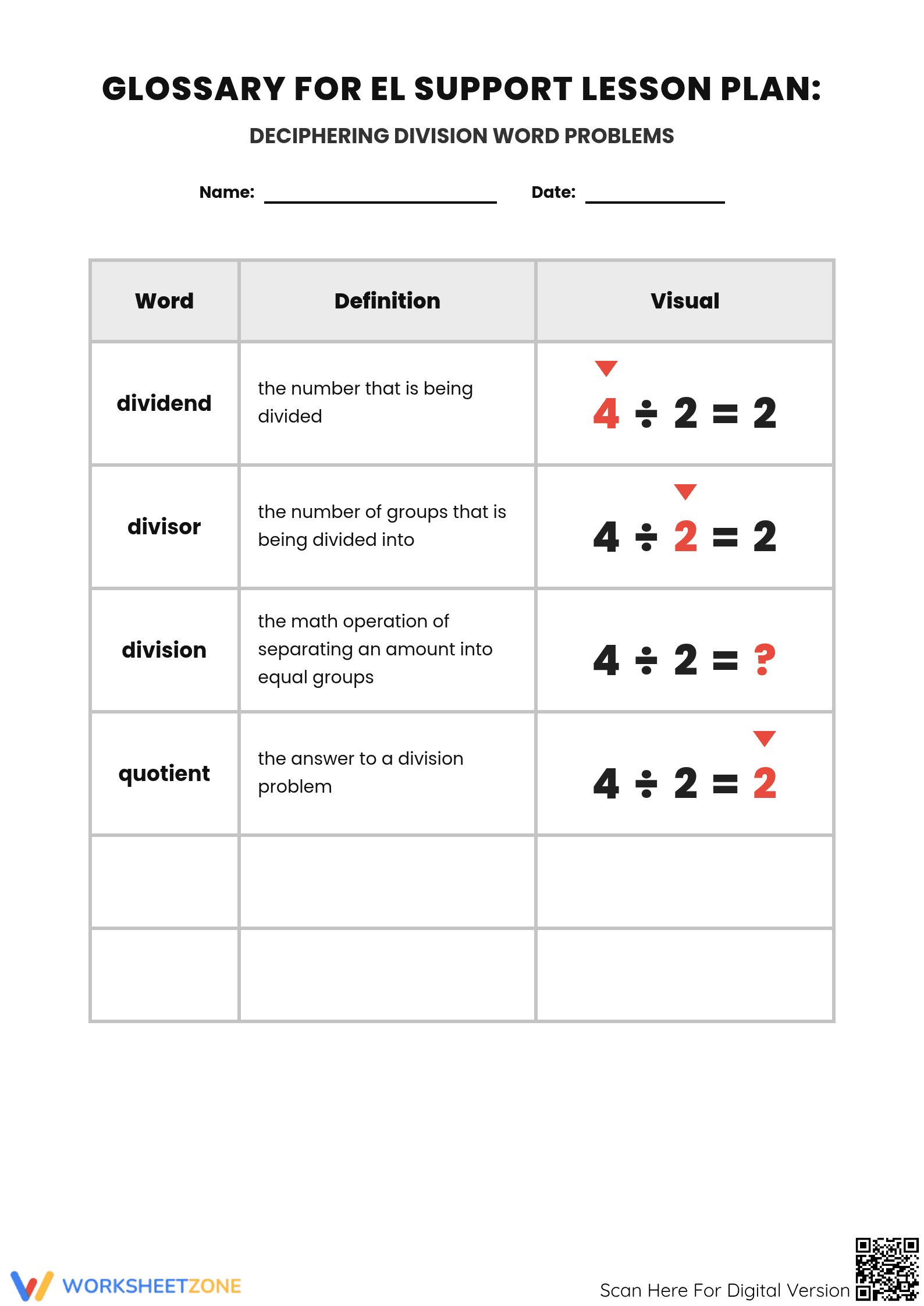 Division Vocabulary Glossary | Grade 4 Printable - Page 1