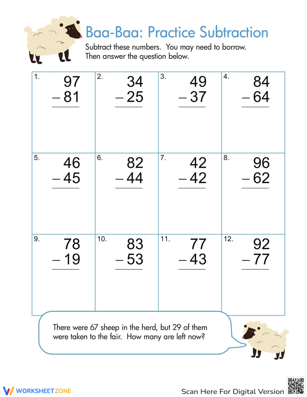 Subtraction Practice with Sheep Worksheet - Page 1