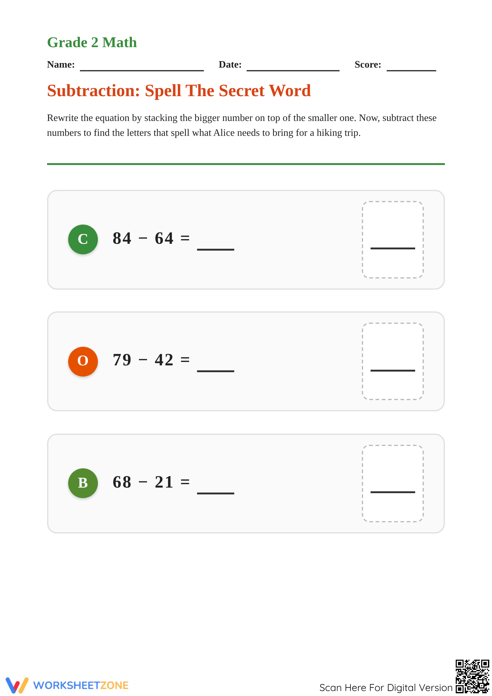 Printable 2-Digit Subtraction Worksheet | Grade 2 Math - Page 1