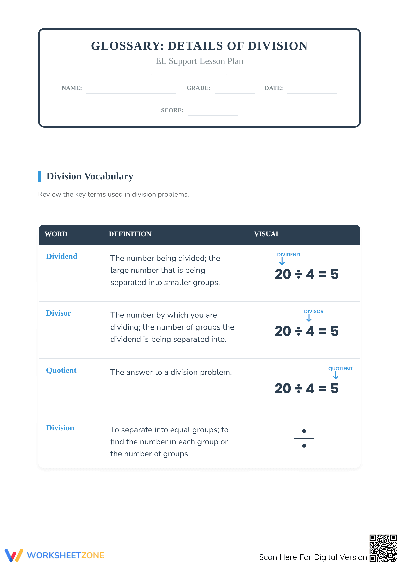 Division Vocabulary Worksheet | Essential Grade 3 Math - Page 1