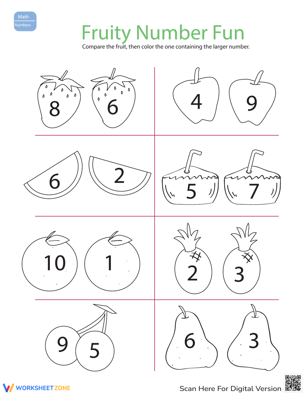 Numbers Large Small Fruity Fun Worksheet - Page 1