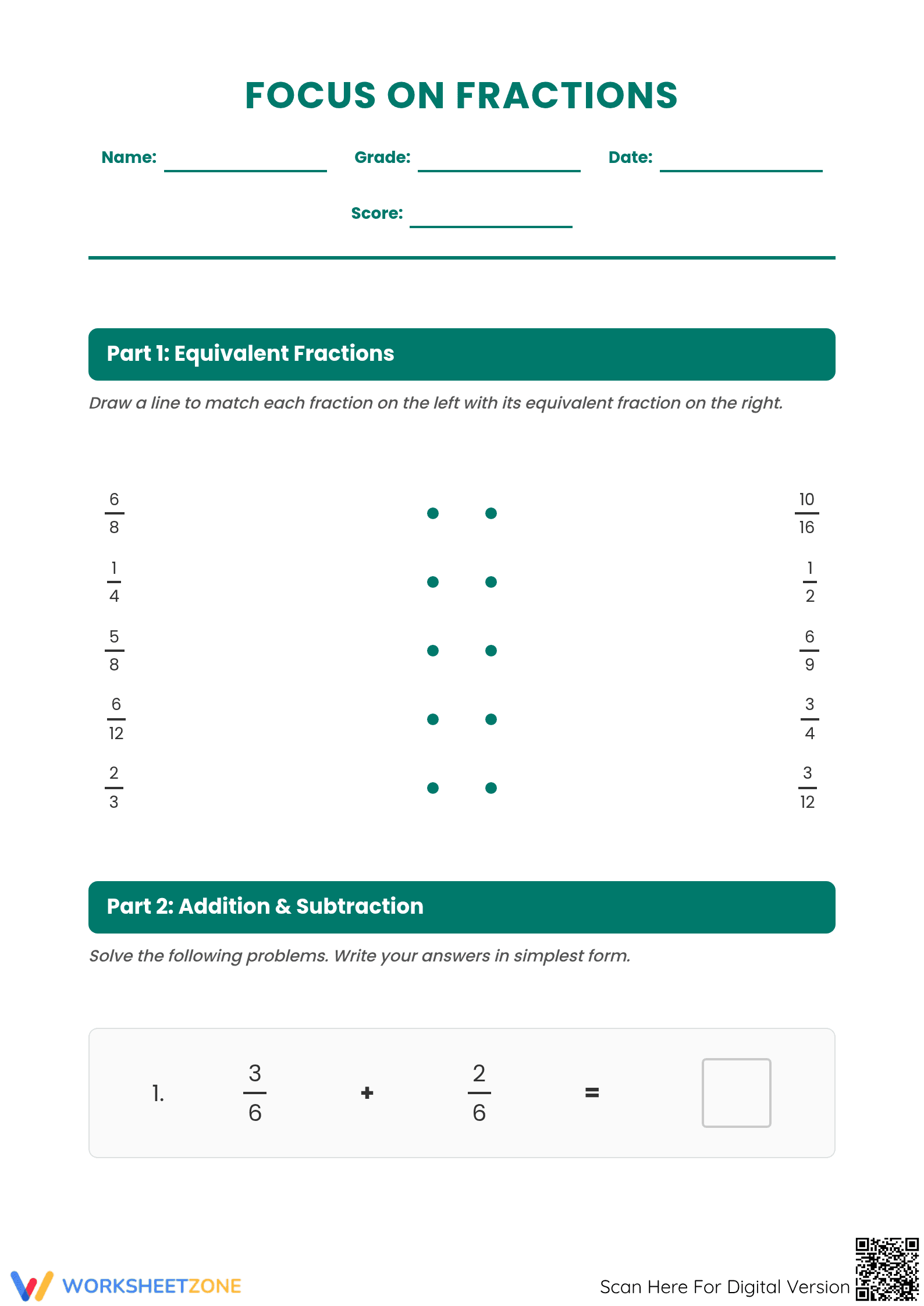 Printable Focus on Fractions Worksheet | Grade 5 Math - Page 1