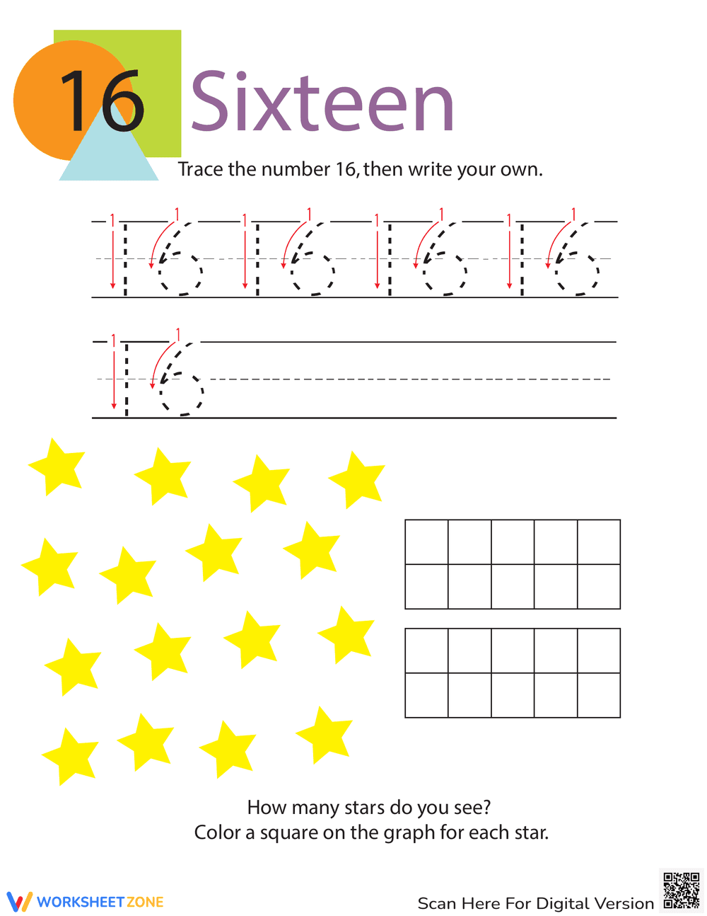 Tracing and Counting Number 16 for Kindergarten - Page 1
