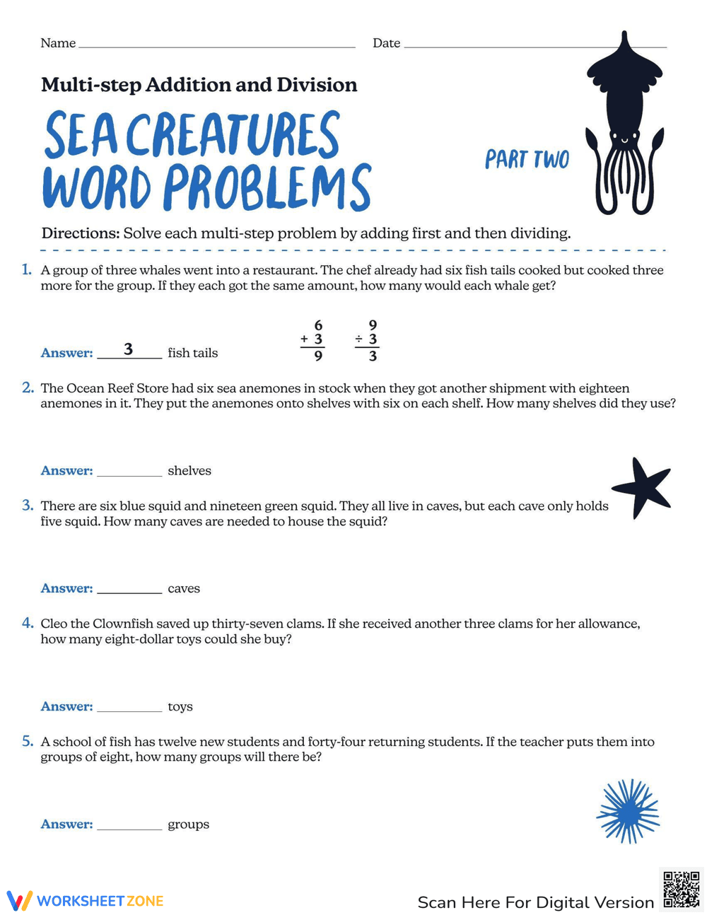 Sea Creatures Themed Word Problems Worksheet - Page 1