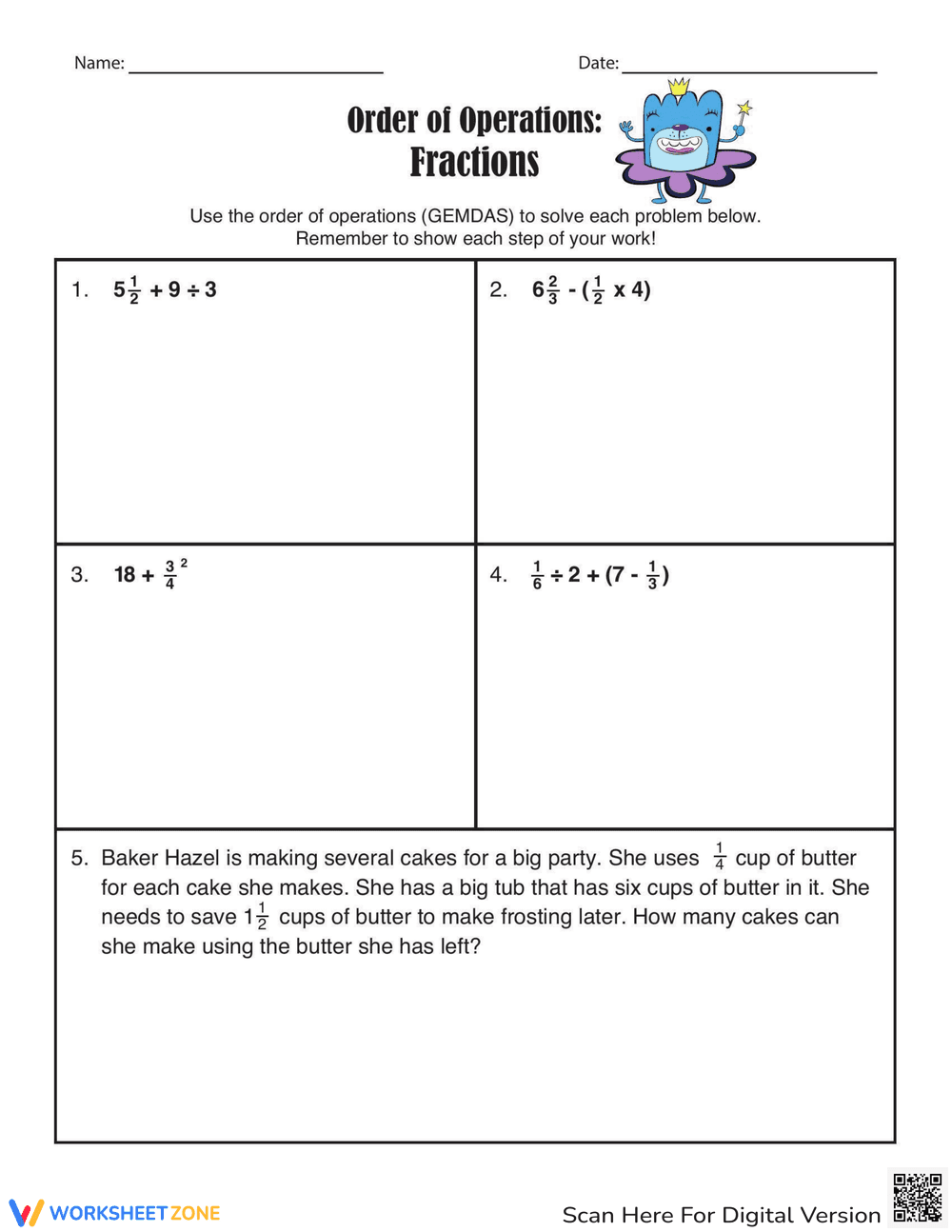 Fraction Order of Operations Practice Worksheet - Page 1