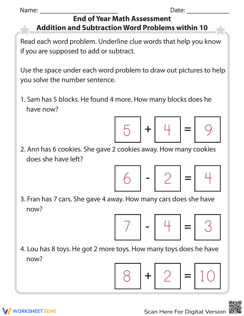 End-of-Year Math: Addition & Subtraction Word Problems - Page 1