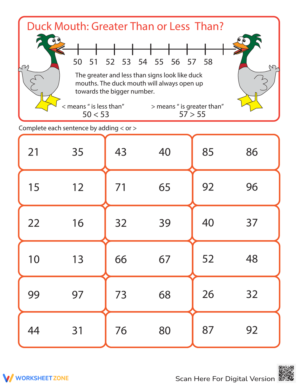 Ducky Mouth Greater Than Worksheet - Page 1