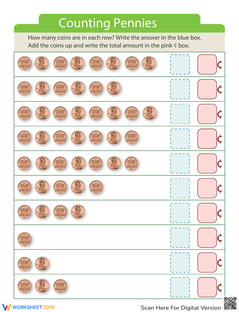 How Many Pennies Counting Worksheet - Page 1
