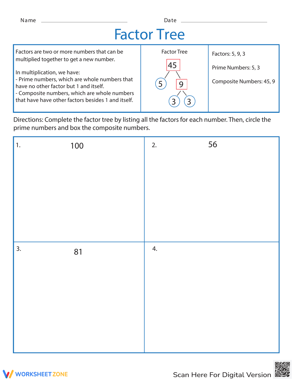 Factor Tree Worksheet - Page 1