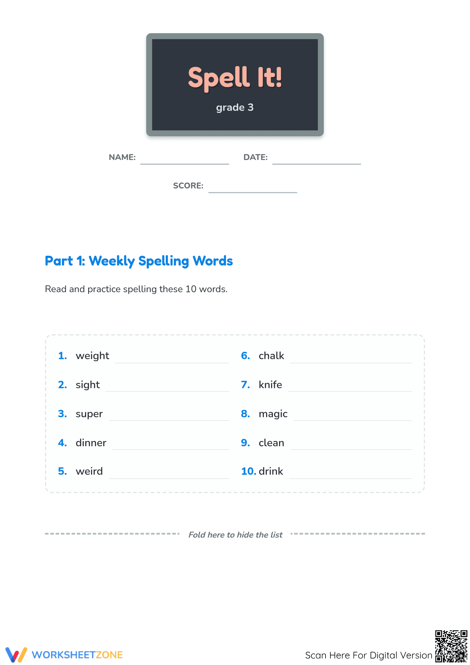 Printable Grade 3 Spelling Worksheet: Weekly Words #1 - Page 1