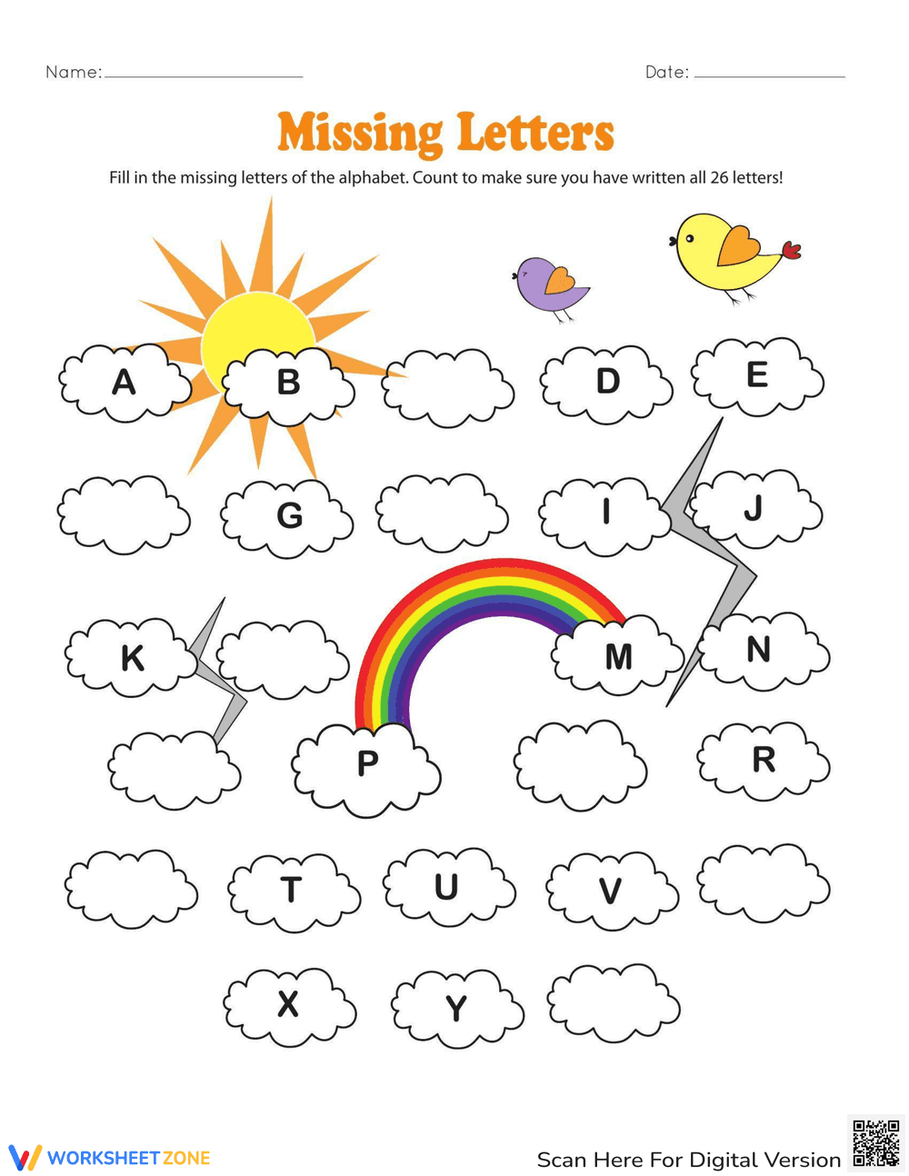 Alphabet Clouds - Find the Missing Letters - Page 1
