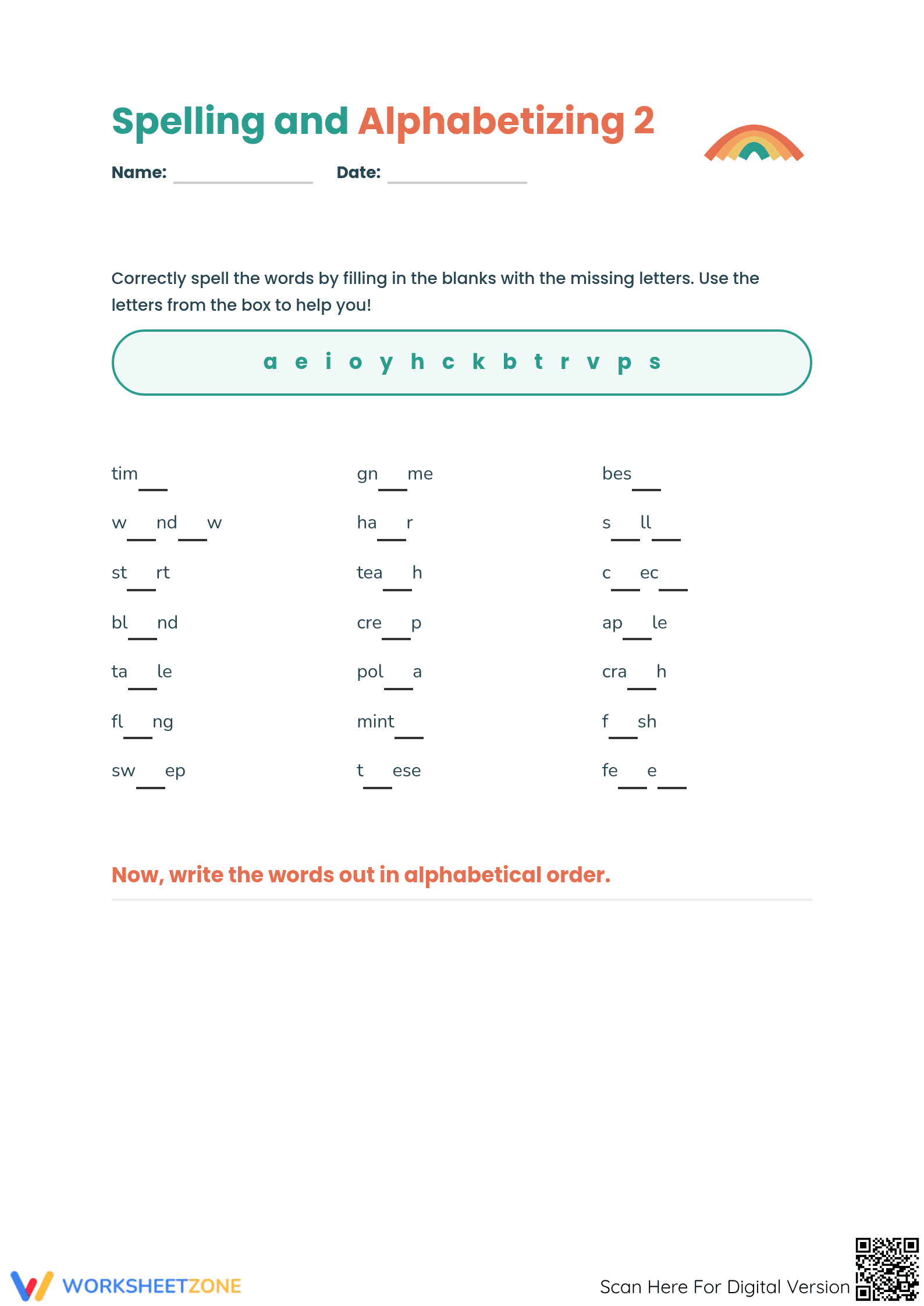 Essential Spelling & Alphabetizing Worksheet | Grade 3 - Page 1