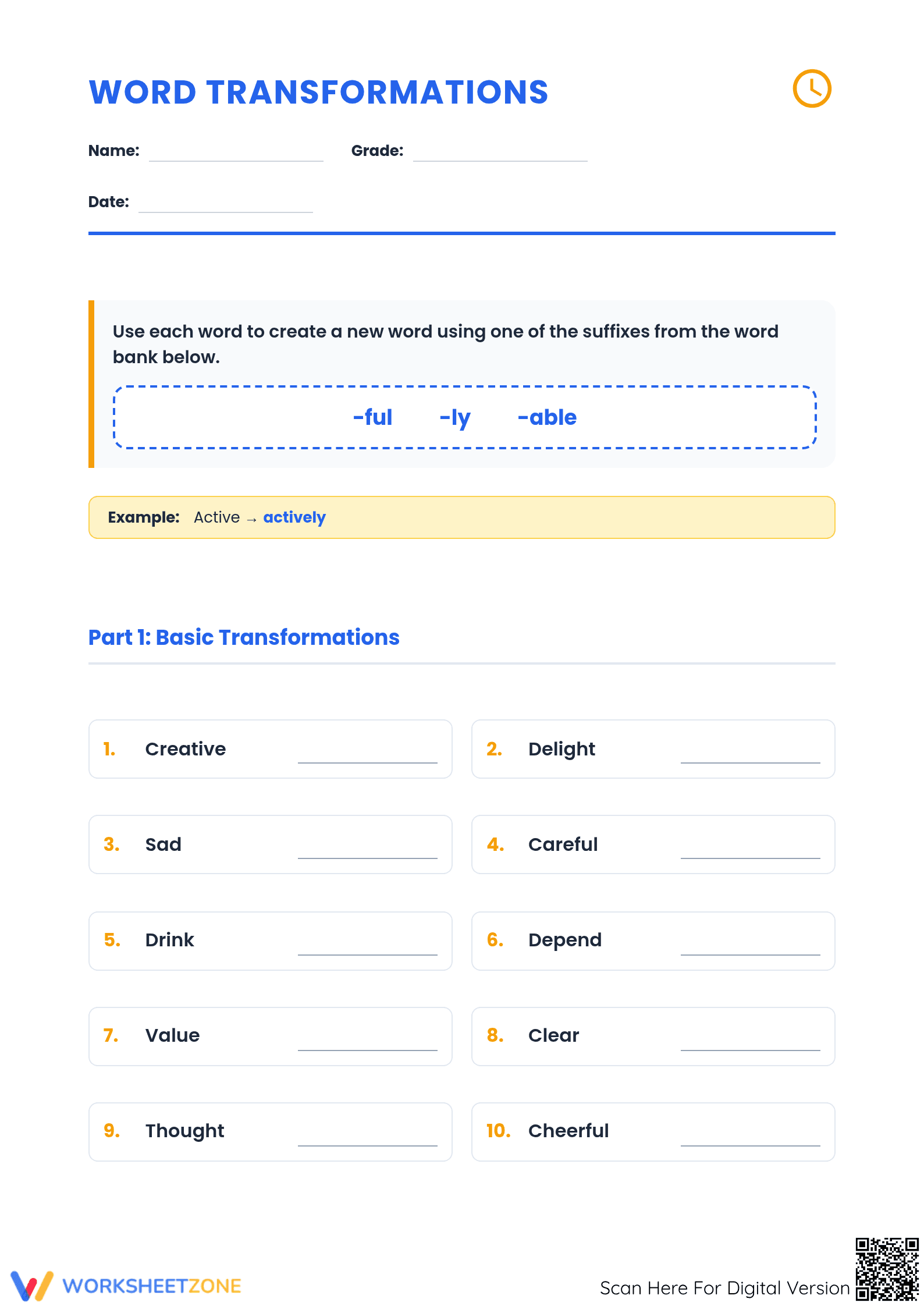Printable Word Transformations Suffix Worksheet | Grade 4 - Page 1