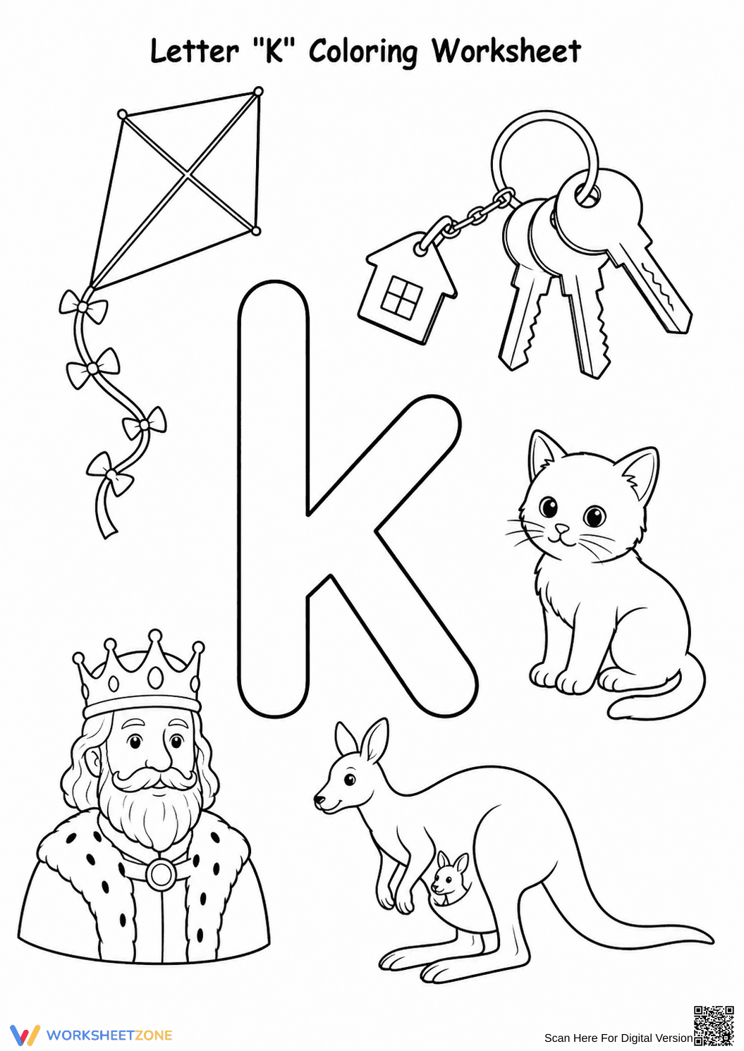 Printable Letter K Coloring Worksheet | Grade K ELA - Page 1