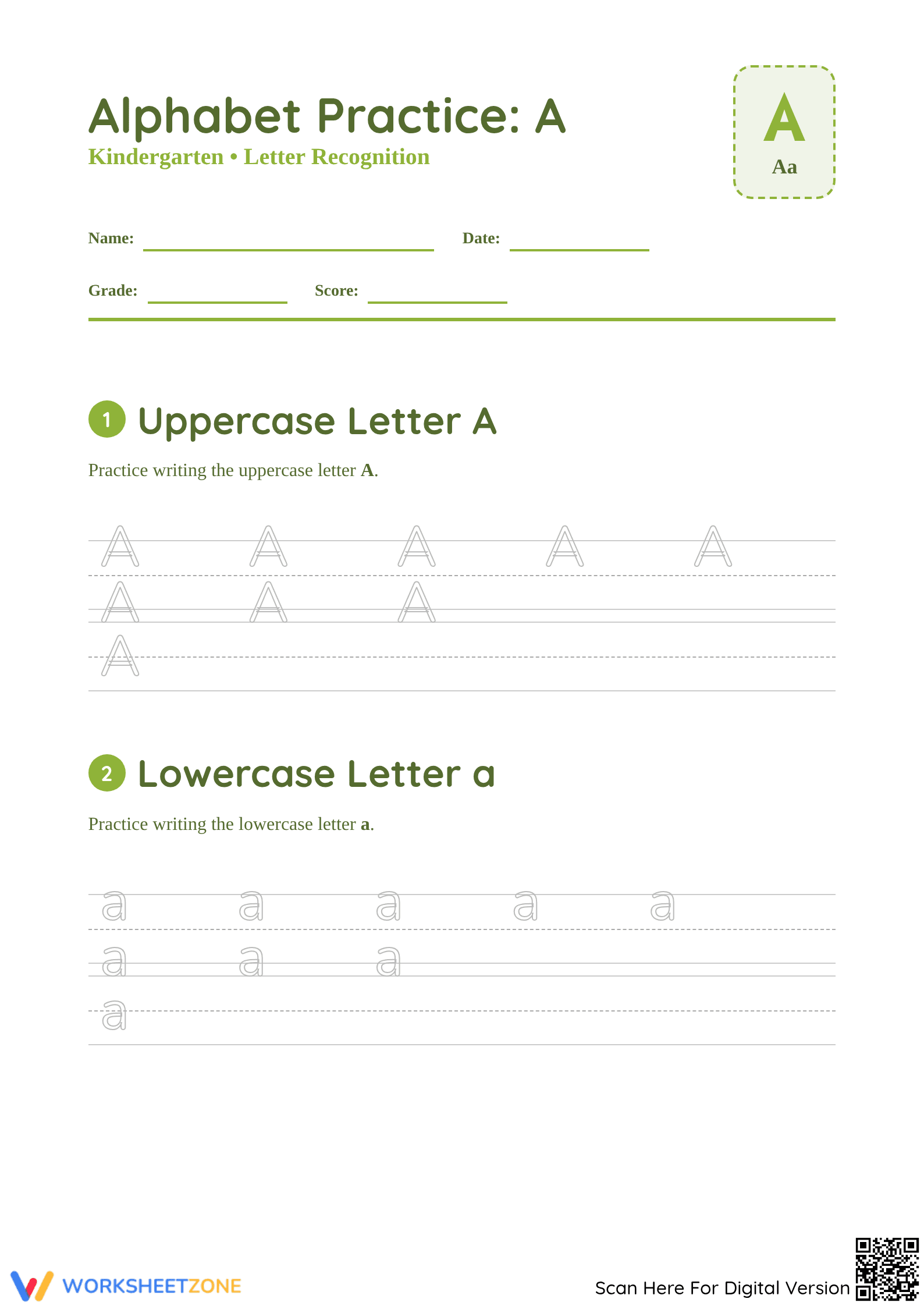 Printable Letter A Worksheet: Alphabet Practice Grade K-1 - Page 1