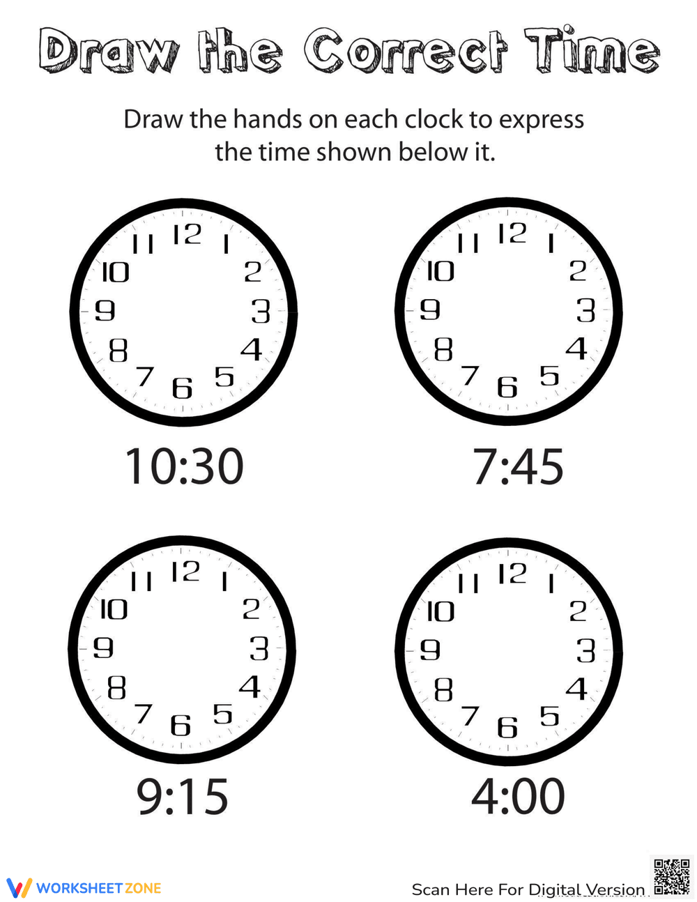 Draw the Time: Telling Time Practice Worksheet - Page 1