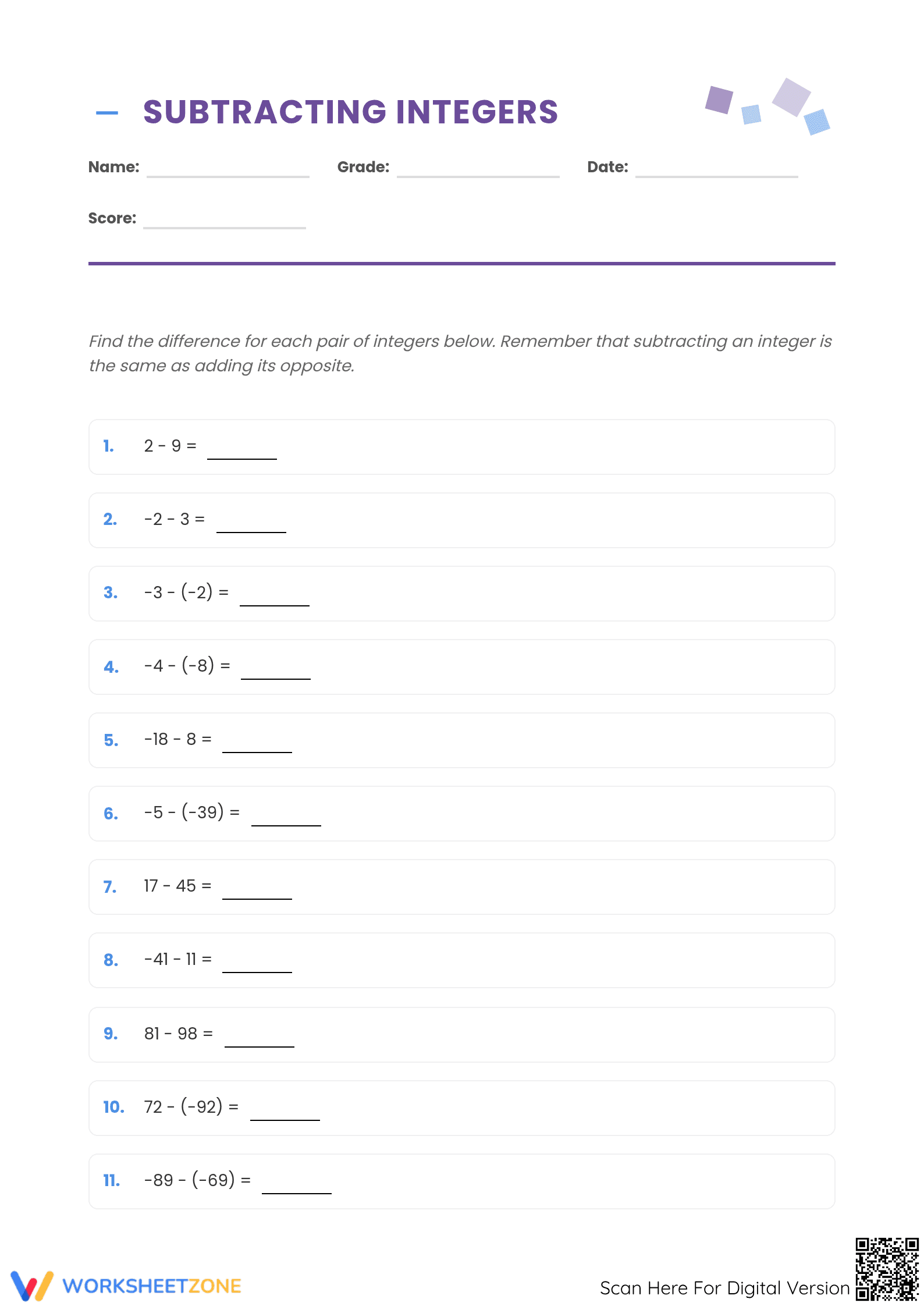 Printable Subtracting Integers Worksheet | Grade 7 Math - Page 1