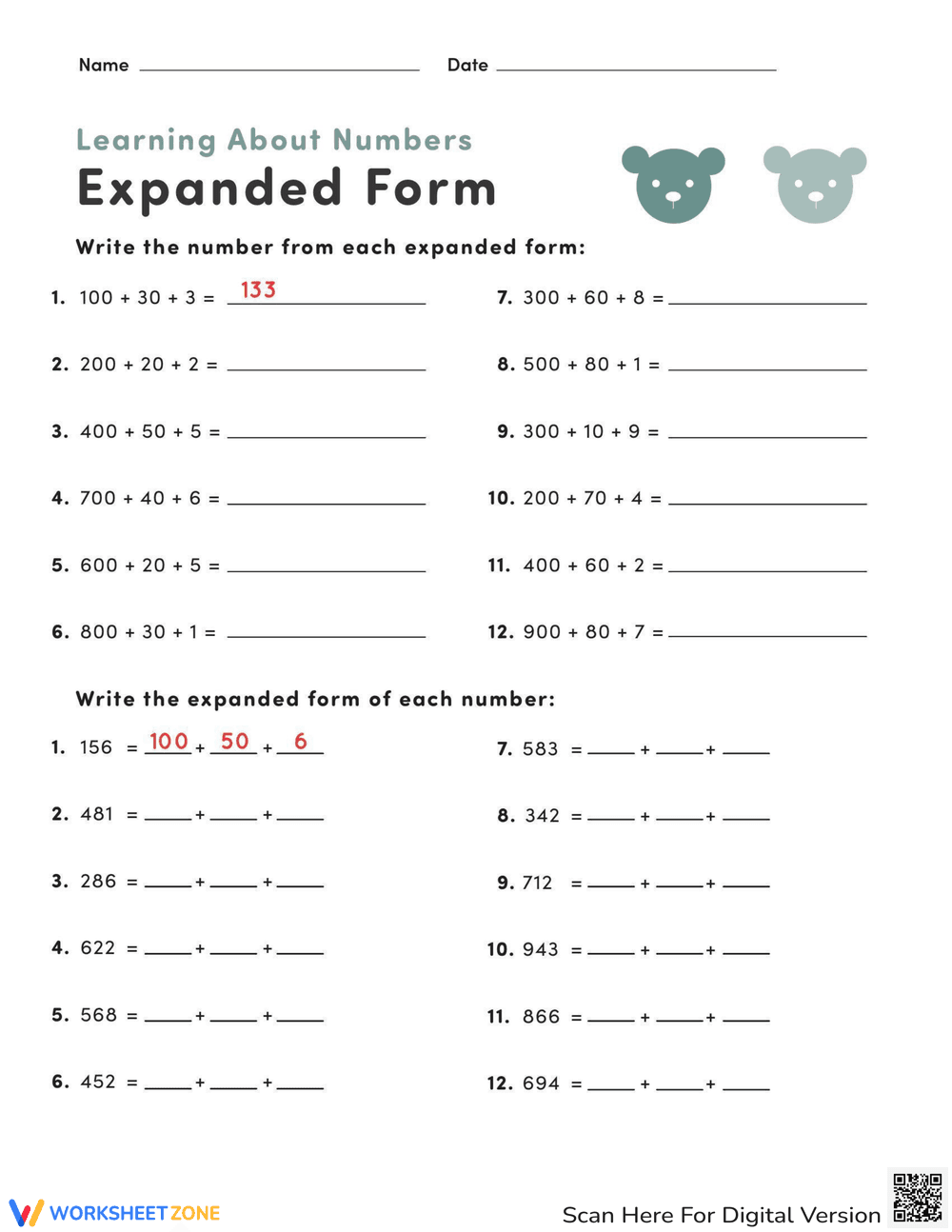 Expanding Numbers: Place Value Practice Worksheet - Page 1