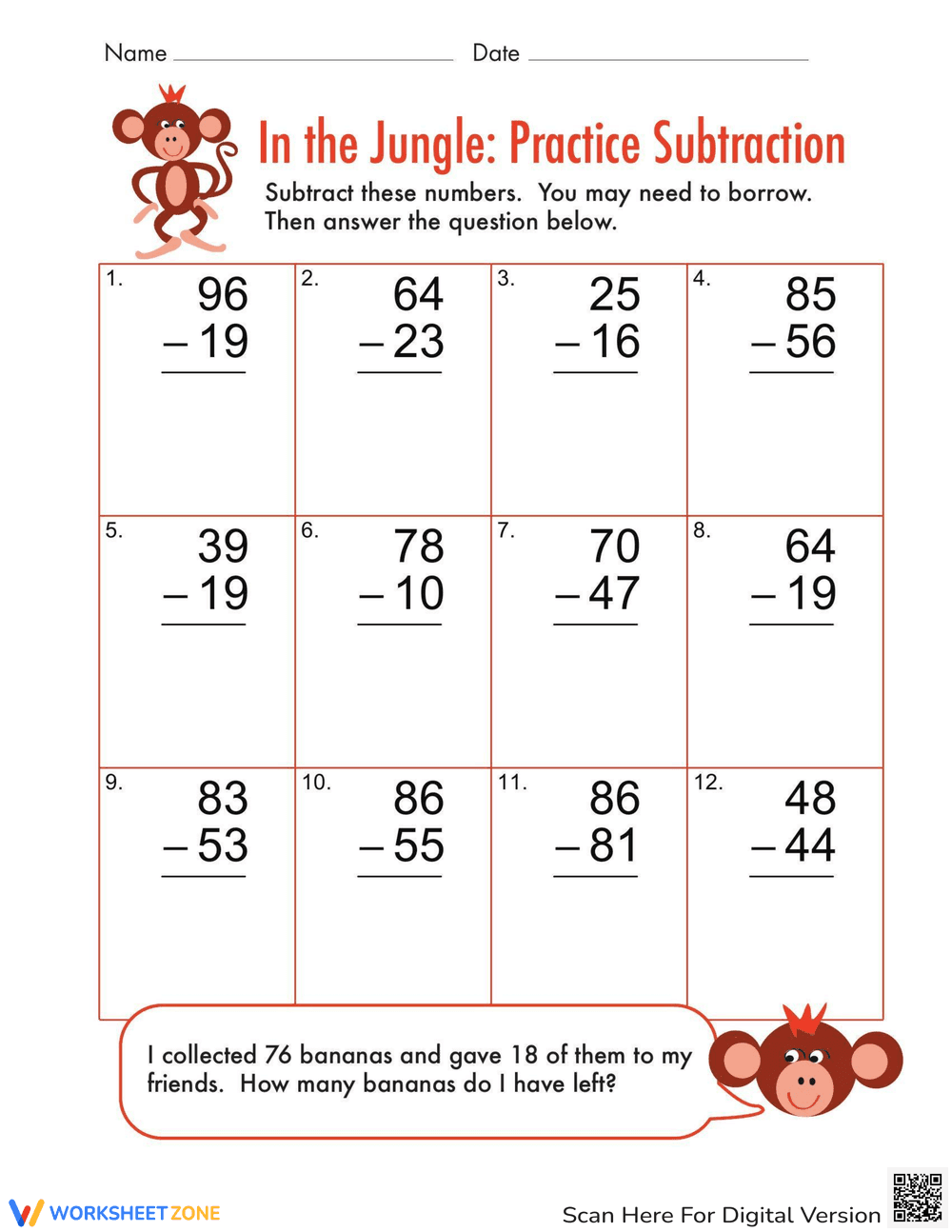 Practice Subtraction with Monkey Worksheet - Page 1